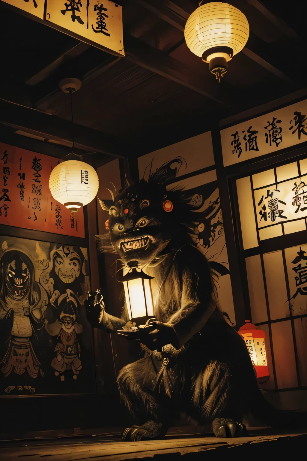 (( Darkness)), (( monster)), ((Jumpscare)),  outline warm color, ((festival)), ((Choju Jinbutsu Giga)), ((Shihon Bokuga)),  antique, (personality personification ), (Ink painting), ( Black and White Art ), (Old paper style illustration), (Hunting Painting Style, Little  monster, Old performance, Variation pointillism,  flat illustration ,  creepy, ((Horror elements)), ( creepy) worldview, ( Primitive art ),  outline warm color,  is in the style of an old picture scroll, Old stage, Ancient mural style,  Japanese Yokai, huge body , ((A huge oriental temple)), ((Lantern))