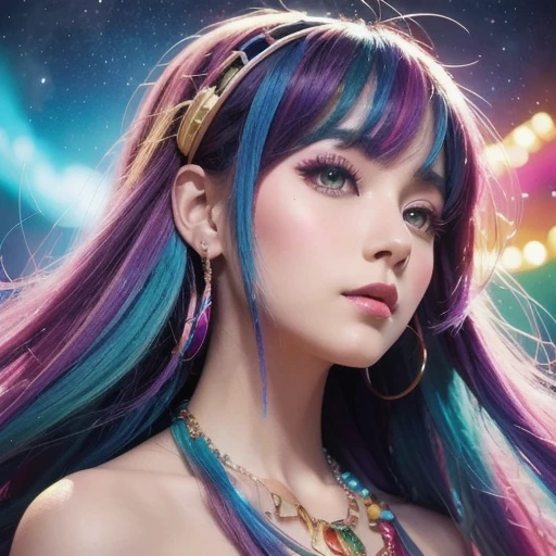 Close-up of a woman with  colorful  hair and necklace,  anime girl 、Cosmic Hair , Ross paints a soft, lively picture, Gvez-style artwork,  Fantasy Art Style ,  colorful ],  vivid fantasy style, Ross draws vibrant cartoons, cosmic and  colorful , Gwaiz,  colorful  digital fantasy art,  amazing art style ,  extra , Glowing Hair