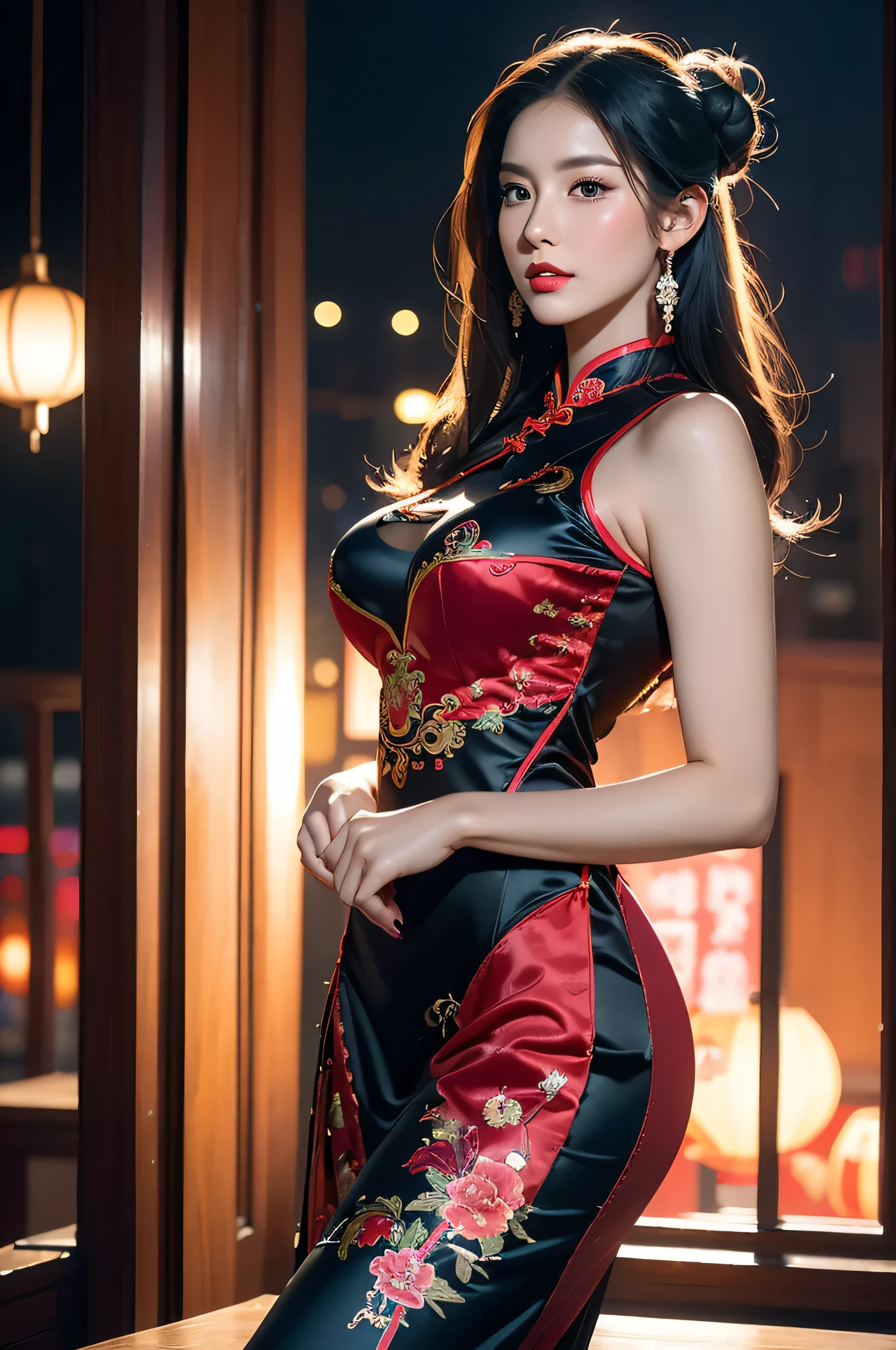 1girl, (wearing a cheongsam:1.2),(in klcc:1.2),(RAW photo, best quality), (realistic, photo-realistic:1.4), masterpiece, an extremely delicate and beautiful, extremely detailed, 2k wallpaper, Amazing, finely detail, extremely detailed CG unity 8k wallpaper, ultra-detailed, highres, soft light, beautiful detailed girl, extremely detailed eyes and face, beautiful detailed nose, beautiful detailed eyes,cinematic lighting,perfect anatomy,(slim body:1.3),(long hair),(black hair:1.2),city lights at night, (((long straight hair))) fluffy white skin, (((big breasts))), red clothes, (long slits that go past the base of her thighs)