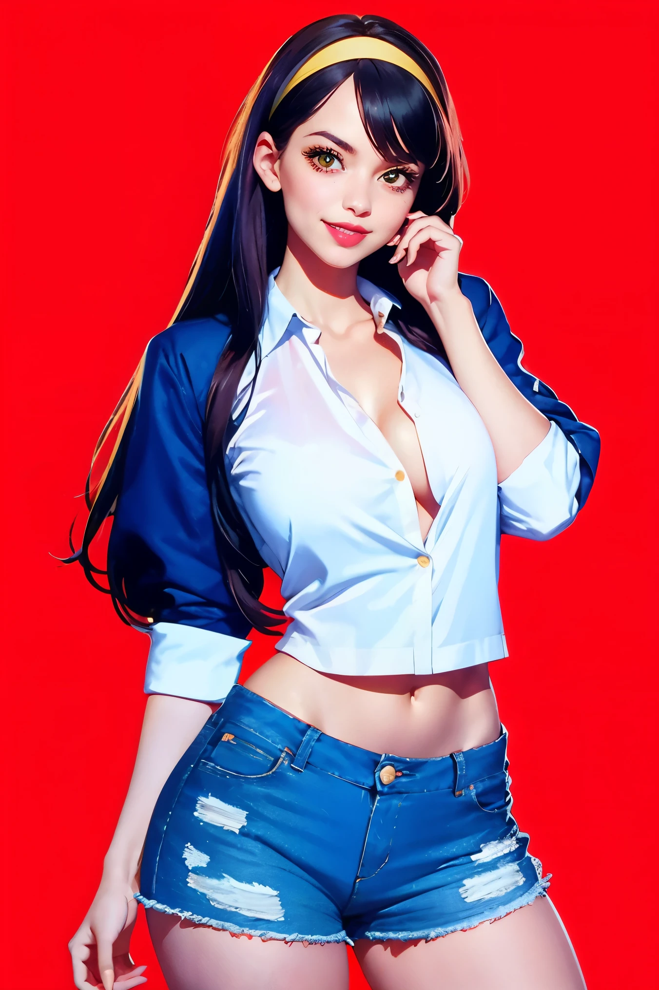 Alluring young girl, smile, collared shirt, unbuttoned shirt, sleeves rolled up, denim shorts, massive breast, hairband, (wide hips), sexy thighs, ((straight hair)), comic retro style, (masterpiece, best quality:1.2), simple background