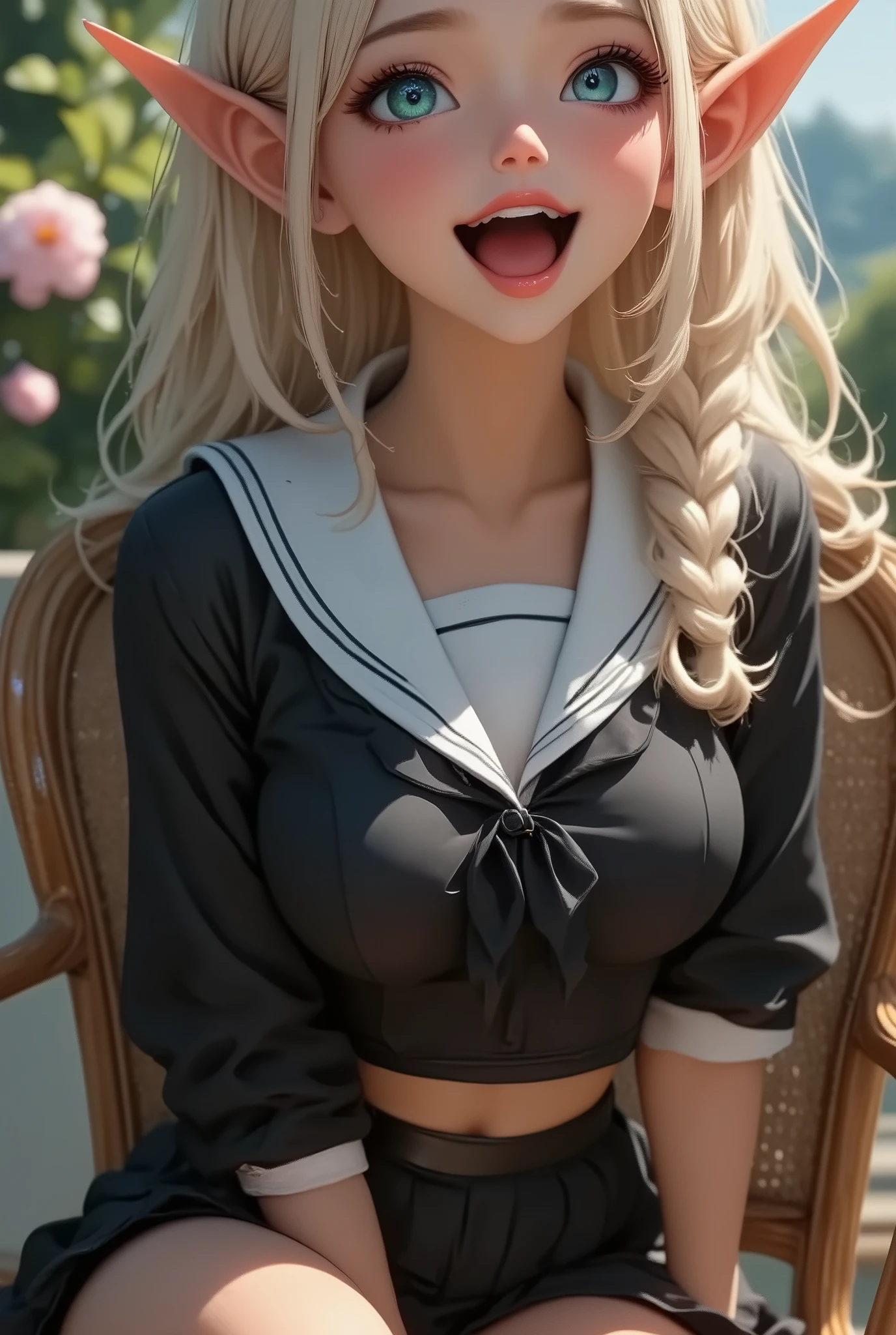 bshp エルフ, bshp , smile:1.2,  beautiful skin like a doll :1.4, Thin long ears :1.2,  beautiful eyes drawn in detail , Shining pupils,  glossy lips , Thick lips,  open your mouth,  face close-up:2,  very detailed face,  long elegant fingers , (( sailor suit,  pleated skirt at the top of the screen)),  Upper Eye Care:1.6,  atmospheric cafe terrace,  sit by the window and have a coffee break,  dramatic lighting ,  bright color,  cinematic composition , Detailed CG illustration, 8k, masterpiece．