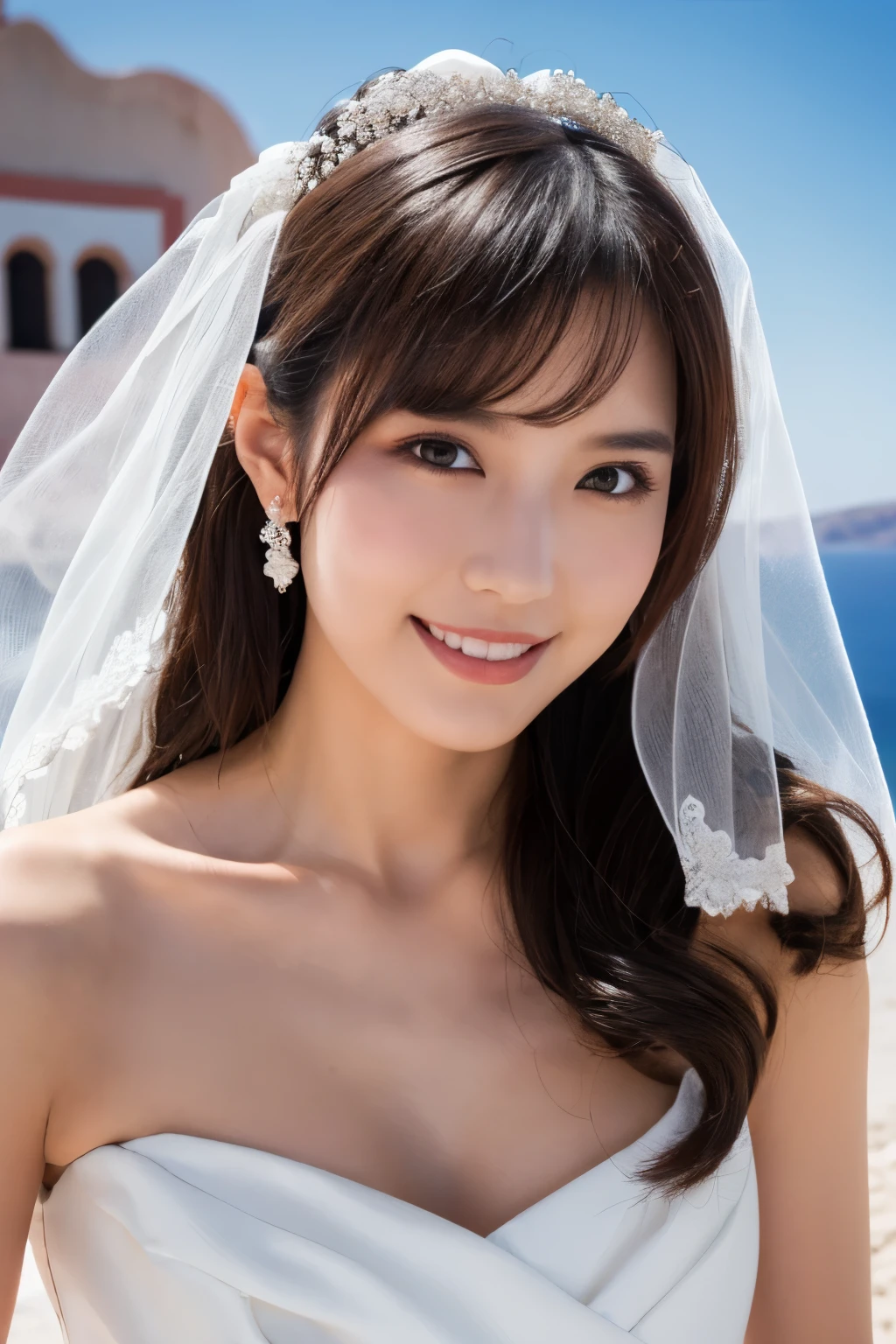 1 girl, ( wear a wedding dress:1.2), (Veil), very beautiful Japanese idol portrait, ( lying down ),
( RAW photos, top quality), ( realistic, realistic:1.4), (masterpiece),
so delicate and beautiful, very detailed, 2k wallpaper, amazing on the beach, finely, very detailed CG Unity 8K wallpaper, very detailed, high definition, Soft light,
girl with beautiful details wearing a navy blue blouse, very detailed目と顔, beautiful and sophisticated nose , beautiful beautiful eyes under the sun, movie lighting,
(Santorini church ), (bell), (Aegean Sea),
Perfect Anatomy , slender body, ( small breasts), (A shy smile), whole body
