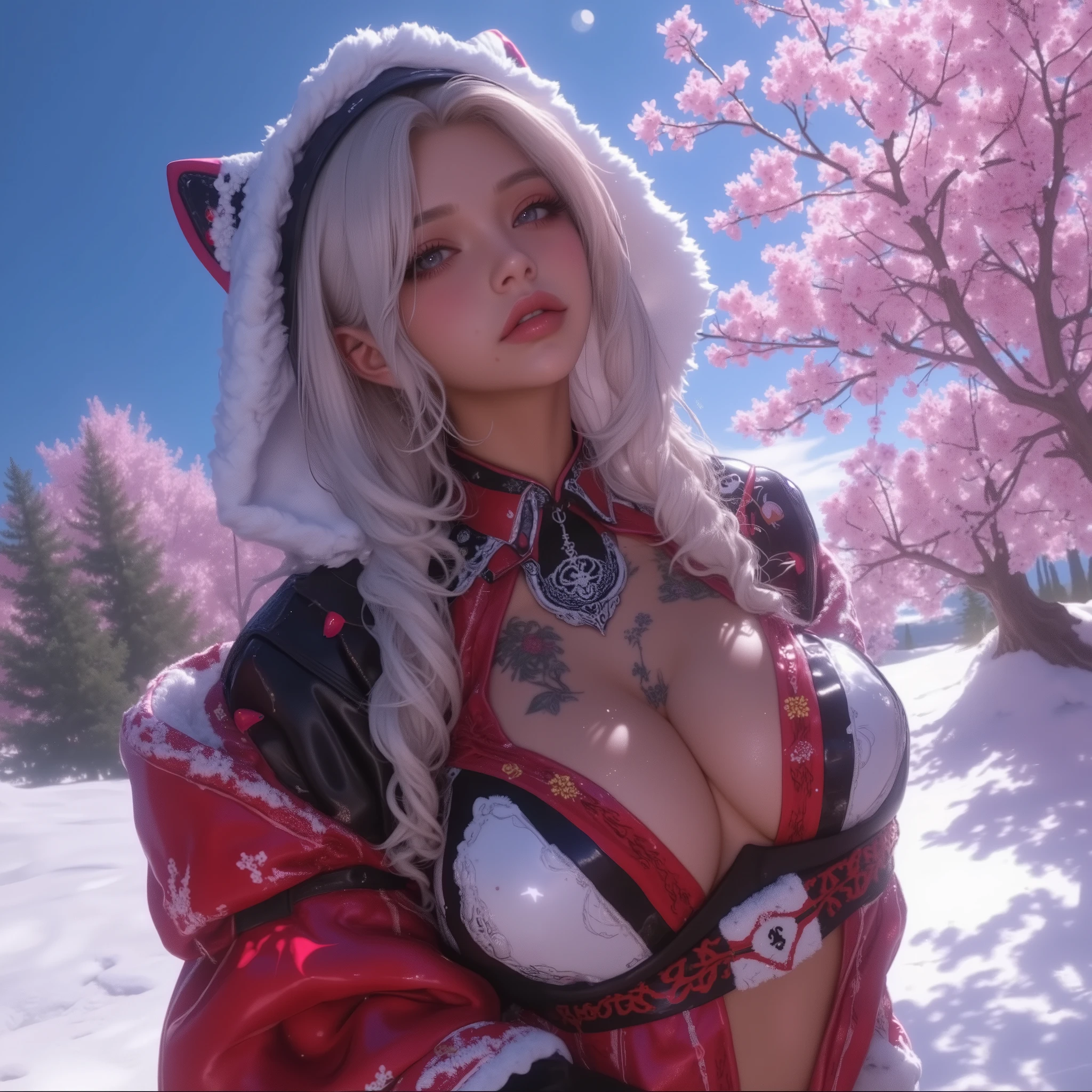 An ultra-detailed and stunningly beautiful CG illustration depicting a sultry fox with sweet purple hair, sharp green eyes, red nose and a ruddy face standing tall in shorts. Gorgeous fur and white dotted on the belly, tail and fur, this animal-like beauty exudes sensuality in every pose. (Masterpiece, Superb Quality, 1Girl, Solo, Intricate Details, Color Aberration), Realism, ((Medium Breath)), Bare Shoulders, Big Breasts, Sexy, White Fox, Long White Hair, Red Headdress, Red Highlight, Hair Above One Eye, Green Eyes, Earrings, Sharp Eyes, Perfect Symmetrical Figure, Choker, Neon Shirt, Open Jacket, Turtleneck Sweater, Against Wall, Brick Wall, Graffiti, Dim Lights, Alley, Looking at the Audience, ((Mean, Seductive, Glamorous)), (((Sakura background ))),((Japanese temple background)))), (((Glow-in-the-dark background)))