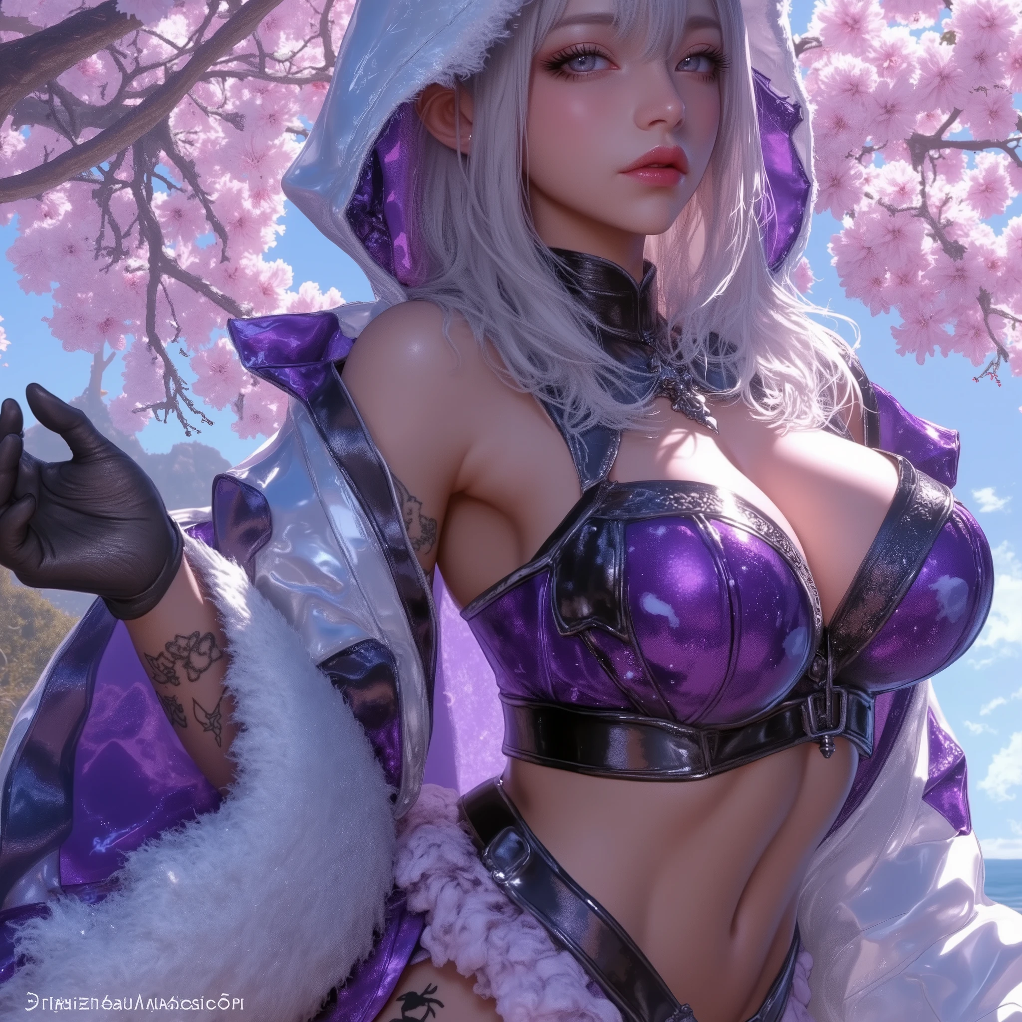 1girl, icestylesamurai, dark skin, very long platinum white hair, vibrant moonlight eyes, long detailed eyelashes, gloves, wide sleeves, , tassel, sash, the most beautiful and highly detailed hooded kimono, fur trim, curvy body type, perfect ass, thick thighs, super huge enormously gigantic breasts, cleavage showing, tons of tattoos and piercings, arching her back in a sexy seductive slutty pose, looking at the viewer, cherry blossoms blowing in the wind