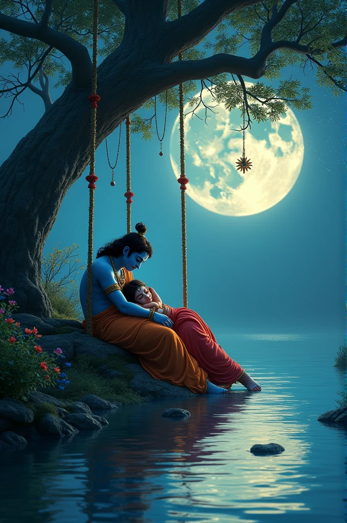 krishna with a then background is should be night sky with moon face should straight with radha is sleeping flute they are sitting in the rock