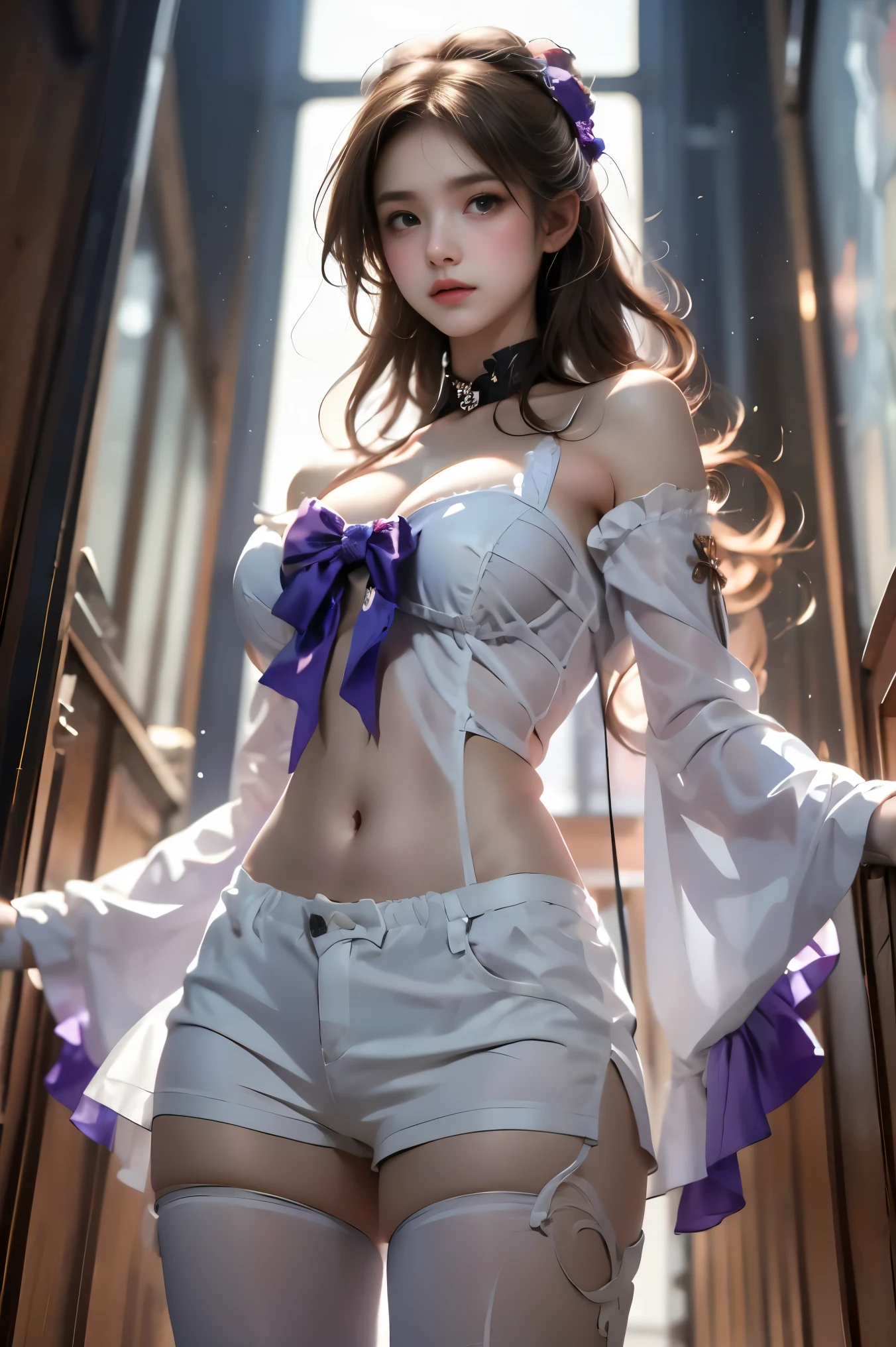 sangonomiya kokomi,hair ornament,white pantyhose,white half gloves,frilled sleeves,bow-shaped hair,bow,detached collar,sandals,white panties,1girl,solo,widesleeves,longhair,purple eyes (cowboy shot:1.3), (from below:1.2),photorealistic beautiful woman, fashion model with long legs, (standing in hallway:1.2), portico corridor,  single bare shoulder,     (elegant contrapposto pose:1.2), graceful stance, slim athletic figure, (high detailed skin:1.2), (Full breasts, visible cleavage, very short hemlines, revealing smooth thighs), soft ambient lighting, cinematic lighting, depth of field, 85mm portrait photography, natural shadows, professional fashion photography, high-end magazine style,  high resolution, masterpiece, best quality,  intricate details, hyperrealistic