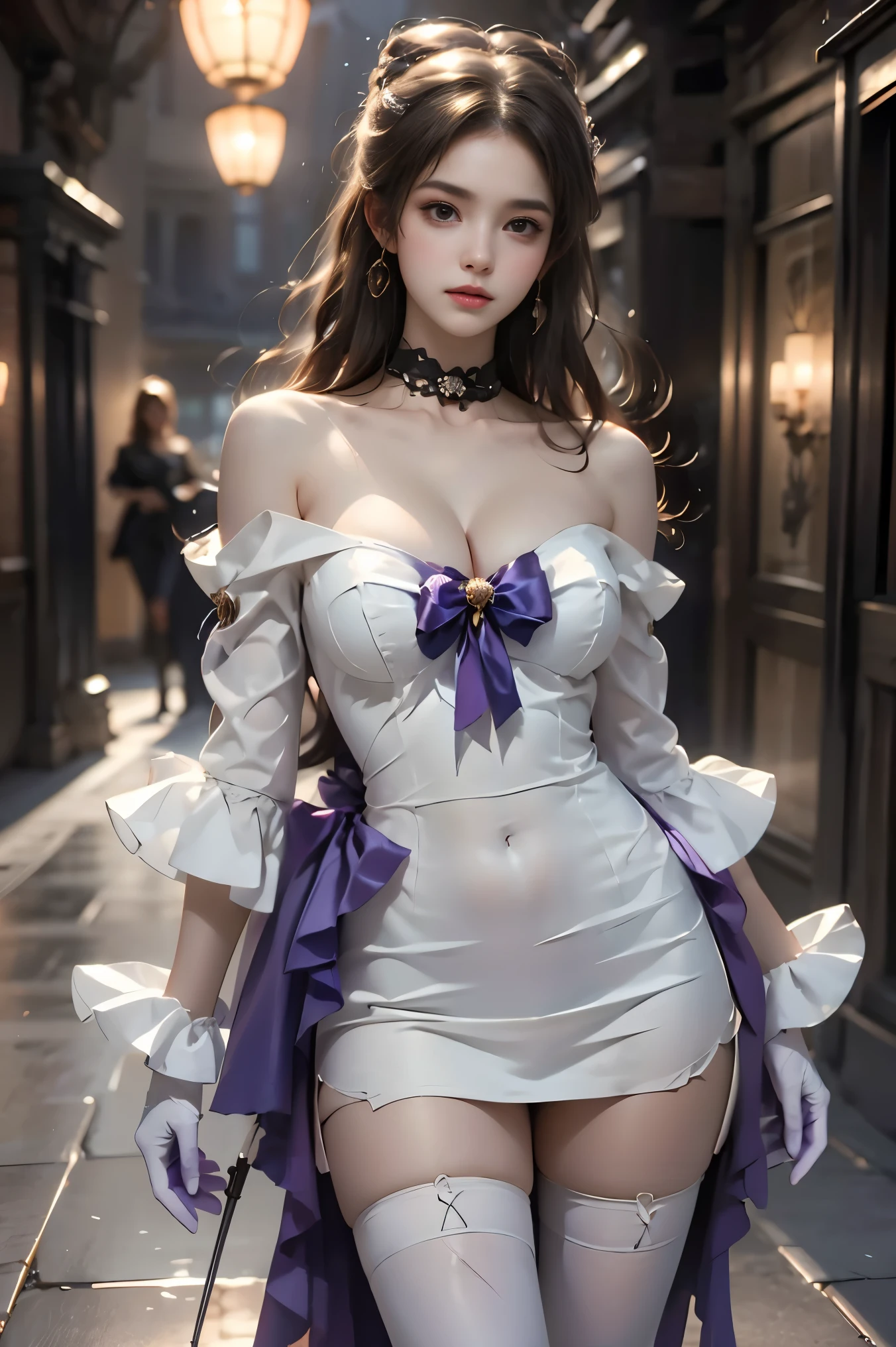 sangonomiya kokomi,hair ornament,white pantyhose,white half gloves,frilled sleeves,bow-shaped hair,bow,detached collar,sandals,white panties,1girl,solo,widesleeves,longhair,purple eyes (cowboy shot:1.3), (from below:1.2),photorealistic beautiful woman, fashion model with long legs, (standing in hallway:1.2), portico corridor,  single bare shoulder,     (elegant contrapposto pose:1.2), graceful stance, slim athletic figure, (high detailed skin:1.2), (Full breasts, visible cleavage, very short hemlines, revealing smooth thighs), soft ambient lighting, cinematic lighting, depth of field, 85mm portrait photography, natural shadows, professional fashion photography, high-end magazine style,  high resolution, masterpiece, best quality,  intricate details, hyperrealistic