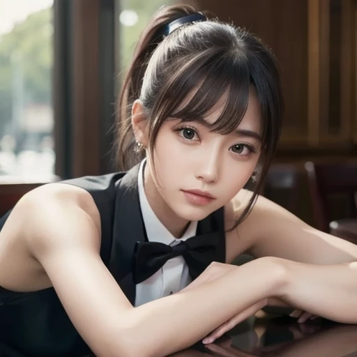 Girl with short ponytail wearing formal suit lying on restaurant table,  Clear Eyes,  perfect body,  ( looking down at the viewer :0.8), (pureerosface_v1:0.2), Sleeveless,  open your mouth, bangs,  One Girl ,  Shiny Skin, (Masterpiece;1.0), ( photorealistic:1.4), ( sharp concentration:1.2), 