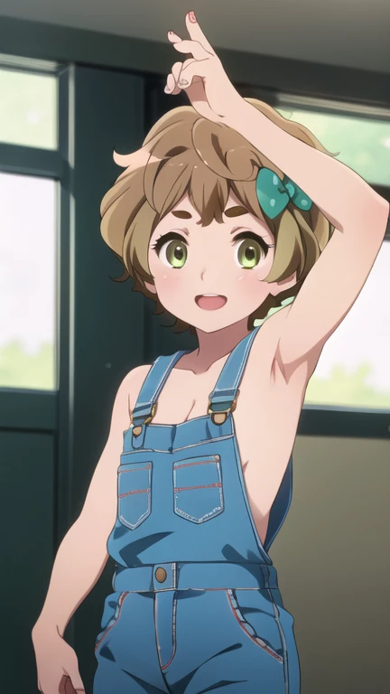 1 niña, Solo, light brown hair, short hair, sonrisa, naked_overall, armpits