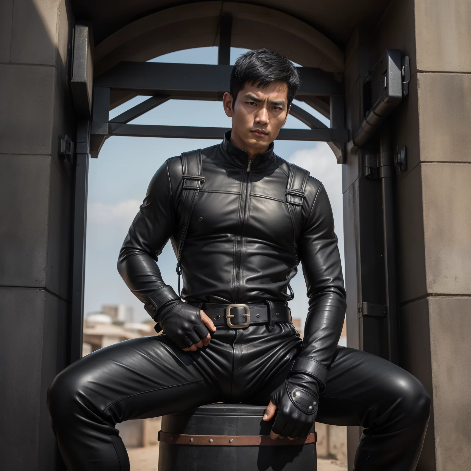 40 years old, One Man,、 black bodysuit 、Shocker Belt、 black gloves 、 carrying a pistol around the waist、In front of the gate、alert 、 logic, , black hair、Short Hair。 very short hair 、 handsome fighter Asian handsome face sits with legs open 、View from below。 upper body up Black leather pants
