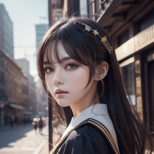 ( Extremely Detailed CG 、 unity 8k wallpaper ),(Masterpiece), ( top quality), ( ultra detail ), ( Best Illustrations),( best shadow),  COWBOY SHOOTING , ( sharp eyeliner,  eyeshadow,   detailed eyes :1), City Background, ,break , (Star 15 School:1.2),  hair ornament, ,  