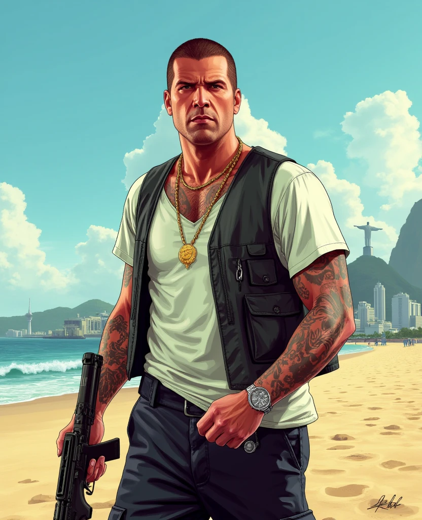  GTA artwork man wearing a loose white shirt, caminhando em uma praia no  Rio de Janeiro, Brazil,  Rio de Janeiro, favelas, streets of rio de janeiro, gangster, tattooed, man wearing a vest black cargo pants , Distant Christ the Redeemer in the background ,  holding a rifle ,  gold chains around the neck , Evil face, Serious