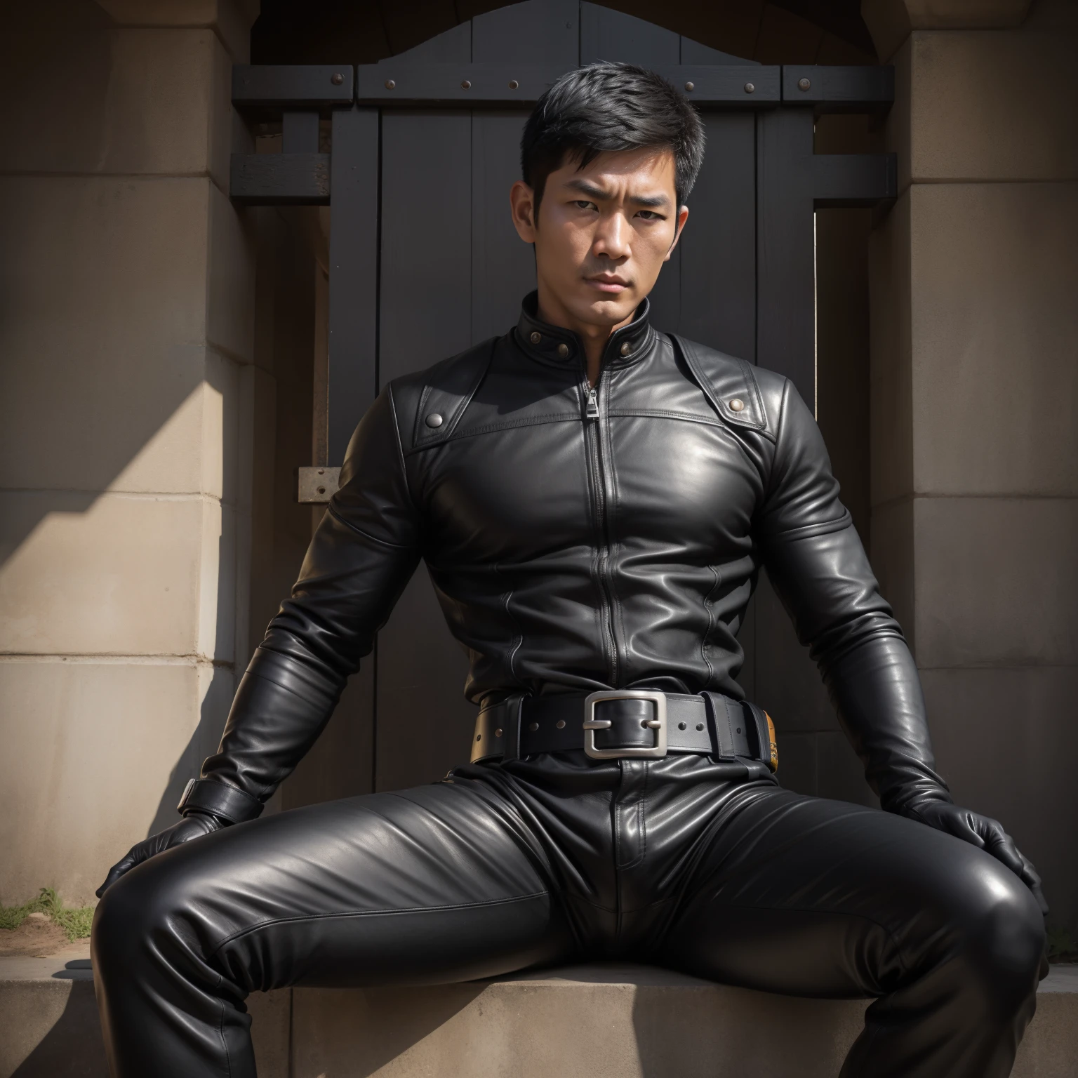 40 years old, One Man,、 black bodysuit 、Shocker Belt、 black gloves 、 carrying a pistol around the waist、In front of the gate、alert 、 logic, , black hair、Short Hair。 very short hair 、 handsome fighter Asian handsome face sits with legs open 、View from below。 upper body up Black leather pants