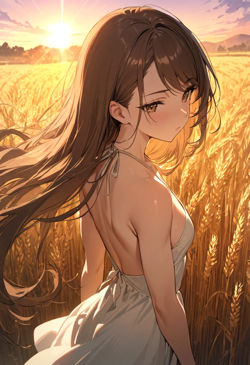 Best quality, 30 year old woman, medium breasts, brown long hair, blue eyes, nude, sunset, upper body, sexy, angelic, thin fabric, see through, god rays, fluffy clouds, colourful flower field,, big booty, freckles