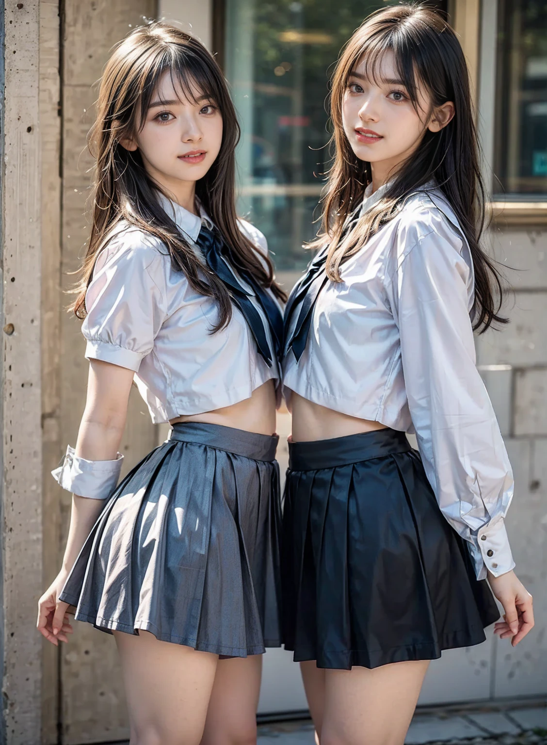 (Best Quality), (Masterpiece), (Raw Photo), Master, Very Beautiful, High Definition CG, 8k Wallpaper, Amazingly Fine Detail, Official Art, Huge File Size, High Definition, Darkness, Atmosphere, Mystic, Romanticism, Spooky, Literature, Art, Fashion, Elegant, Realistic, ((Perfect Anatomical Depiction of the Human Body))), Two teenage girls are waiting for someone holding hands side by side in the shade of the city, one is looking here, (two are of different races), qincai, one has blonde blue eyes and partially braided long hair,
One is a twin-tailed brunette Japan with beautiful whitening skin, (very huge), (super big), (thin waist), (big buttocks), (thin thighs), (skin turns white), baby face, ((neat white blouse of smooth thin fabric with dark crimson ribbon tie)), (blouse breasts are very cramped), (no bra), (dark areola), ( blouse crushes large breasts and spreads to the sides),
((Dark blue tartan checked micro mini pleated skirt)), (Skirt length is short enough to show the buttocks), (White and big and dirty panties that cover the buttocks)), (No skin exposed on upper body), (Neat clothes with all buttons fastened), (Shot from behind), ((Frame-in from the knees up)), Dark, out of sunlight, (Backlit shooting), (No makeup) Ribbon tie, accessories earrings only, bowtie, pantiesinskirt, pantyshot, (panties visible)