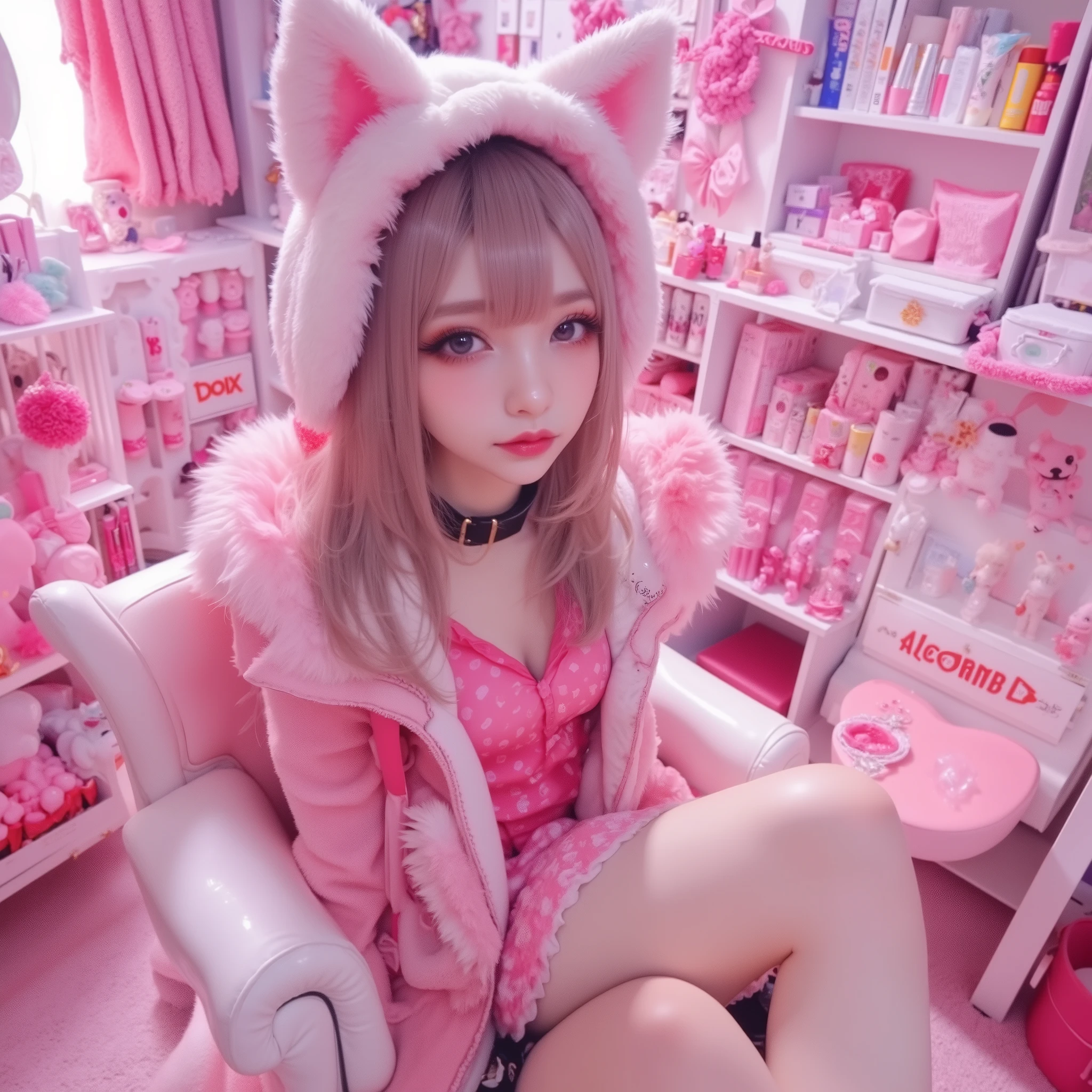 streamer girl wearing fox ears and sitting in a white room full of pink decor and tons of manga figures and makeup and "ALGORAND" stuff on all the shelves --style raw --profile 7l3indq --stylize 250 --v 6.1