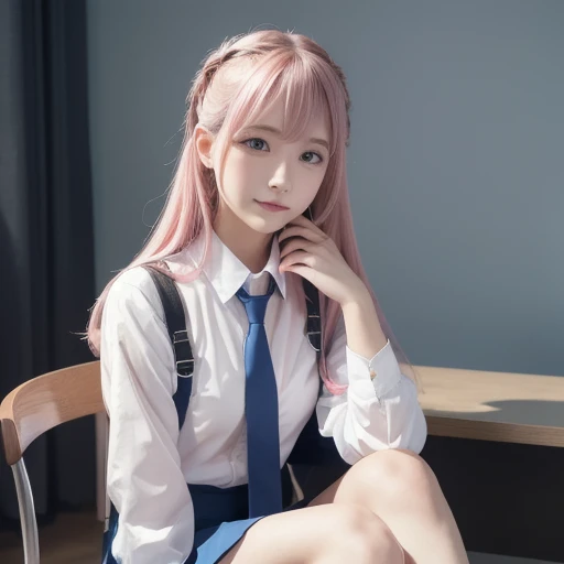  One Girl , Hoshino ( Blue Archive), Alone, Heterochromia,  pink hair,  skirt ,  long hair,  ties, stupid hair,  shirt, halo,  check pattern   skirt ,  blue eyes,  check pattern ,   looking , white  shirt,  is sitting,  orange eyes, chest Harness, Harness,   long sleeve  ,  ID card,  open your mouth, very  long hair, collared  shirt, smile, blue  ties, bangs,   feet is off the frame, Between the legs, hand Between the legs, ,  hair between eyes ,  high definition,Masterpiece,  top quality