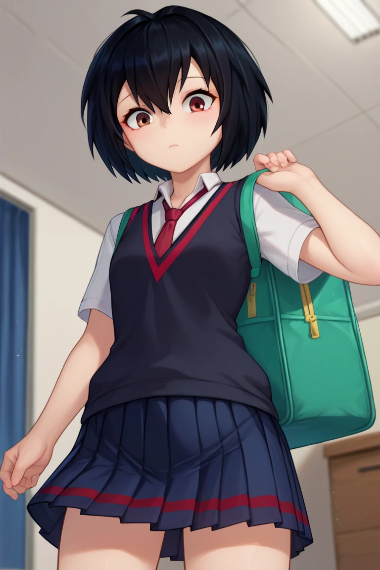 (masterpiece:1.2, best quality:1.2),
score_9,score_8_up,score_7_up BREAK PennyParkerSDXL,solo,1girl,short hair,skirt,shirt,black hair,hair between eyes,brown eyes,school uniform,white shirt,short sleeves,pleated skirt,necktie,collared shirt,black skirt,bag,dress shirt,red necktie,sweater vest,cowboy shot,room,room background, from below,