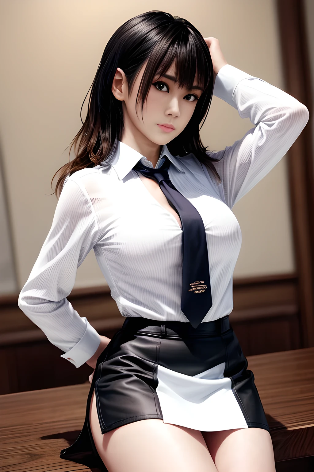 (Masterpiece: 1.5), (Best Quality: 1.5), Hyperrealist, High Resolution, High Detail, 1 Girl, Solo, Skin Highlight, Sharpen, Clear, straight hair, ponytail, multicolored hair, rainbow colored bangs, Jewelry, bracelet, earrings, cowboy shot, pale skin, smile, at the liquor store,  (wide gap between thighs:1.6, thin waist, thin legs, makeup), (Schoolwear:1.2), (Blouse:1.2), (expose cleavage), ((unbuttoned a white (long shirt) revealing red lace bra: 1.3)),  Pleated skirt with many folds, (micro mini skirt:1.2), tattoos, 