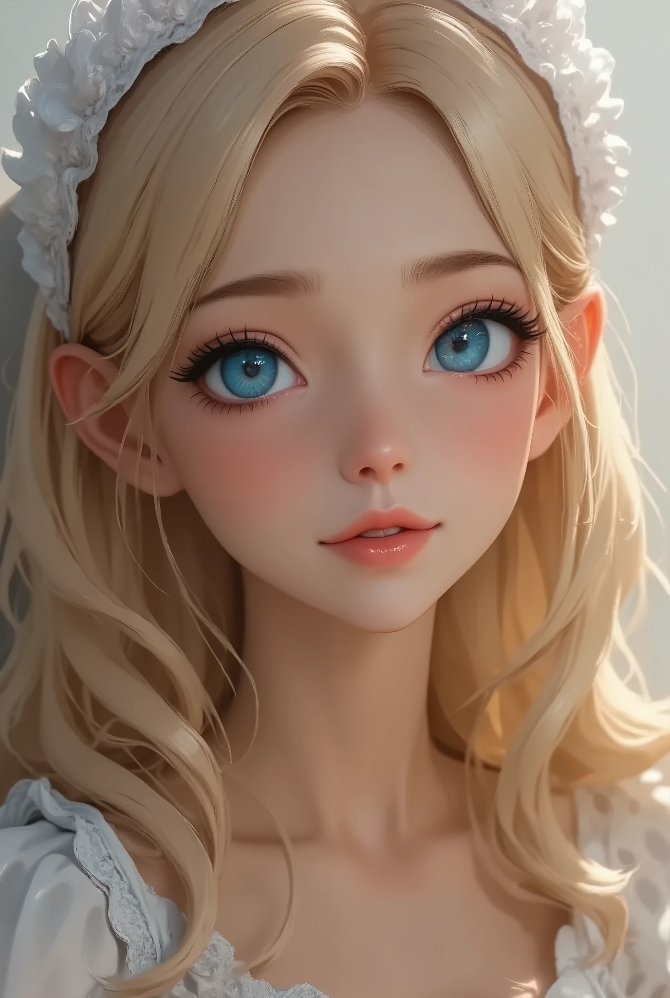 bshp エルフ, bshp , smile:1.2,  beautiful skin like a doll :1.4, Thin long ears :1.2,  beautiful eyes drawn in detail , Shining pupils,  glossy lips , Thick lips,  open your mouth,  face close-up,  very detailed face,  long elegant fingers , ((Loungewear, Fairy Feathers )), (((Lie on your back on your bed, Rest time ))),  dramatic lighting ,  bright color,  cinematic composition , Detailed CG illustration, 8k, masterpiece．