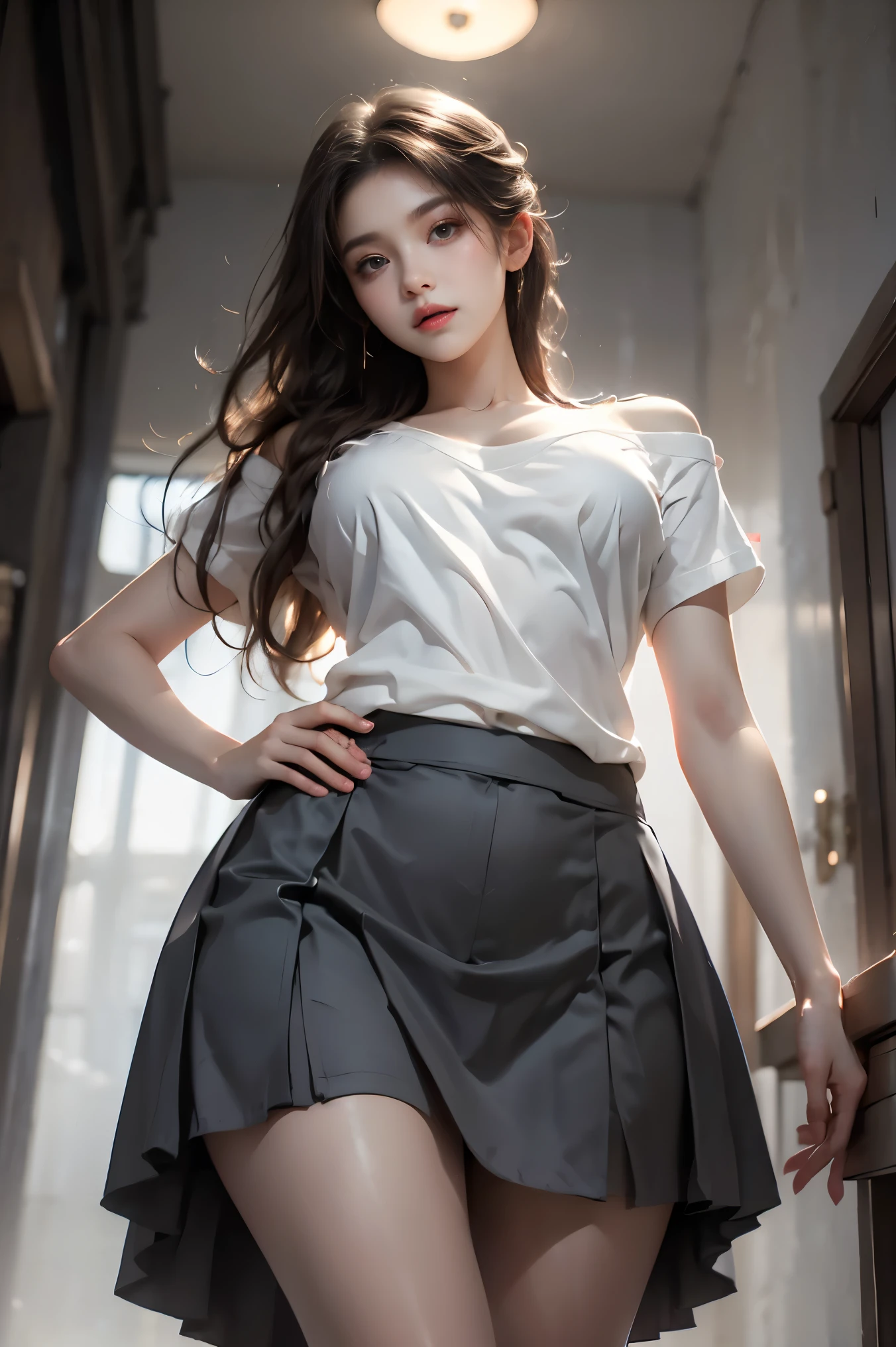 school uniform, grey skirt, grey sweater, shirt, tie, short sleeves, socks, boots (cowboy shot:1.3), (from below:1.2),photorealistic beautiful woman, fashion model with long legs, (standing in hallway:1.2), portico corridor,  single bare shoulder,     (elegant contrapposto pose:1.2), graceful stance, slim athletic figure, (high detailed skin:1.2), (Full breasts, visible cleavage, very short hemlines, revealing smooth thighs), soft ambient lighting, cinematic lighting, depth of field, 85mm portrait photography, natural shadows, professional fashion photography, high-end magazine style,  high resolution, masterpiece, best quality,  intricate details, hyperrealistic