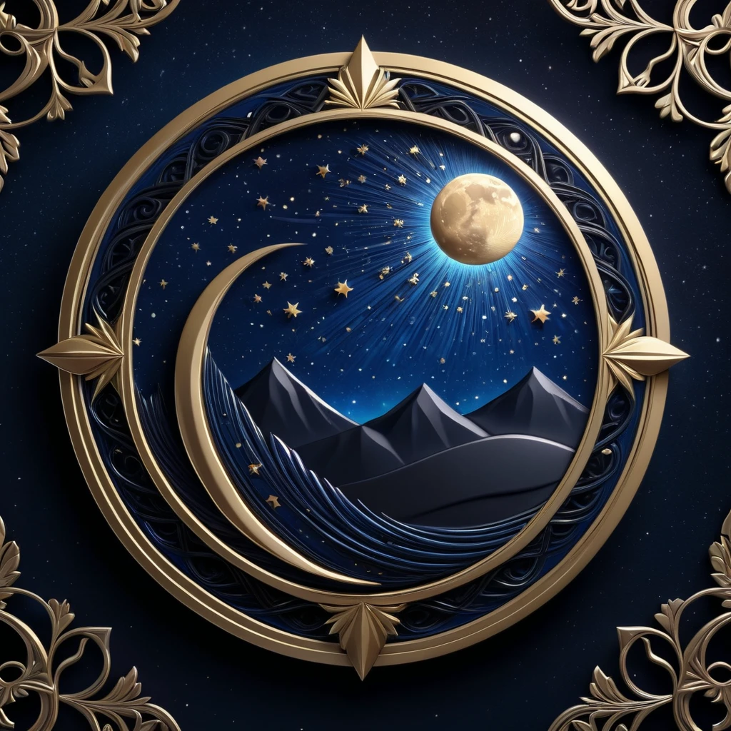 An emblem symbolizing the highest level, featuring a starry night sky, a glowing moon, and an atmospheric gradient from deep blue to black. The emblem includes intricate celestial patterns and metallic accents. (obra-prima, realista, 3d, 8k) crie algo mais limpo pensando em um emblema estilo de jogo