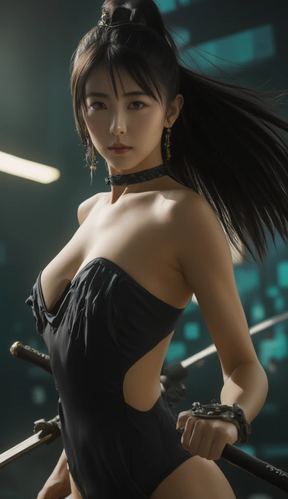 (best quality,ultra-detalhado),(Realistic:1.37),Tifa Lockhart, Rosto bonito e detalhado, maquiagem preta nos olhos, textura ultra realista, rosto delicado, corpo delicado, Fit physique, serious and angry expression