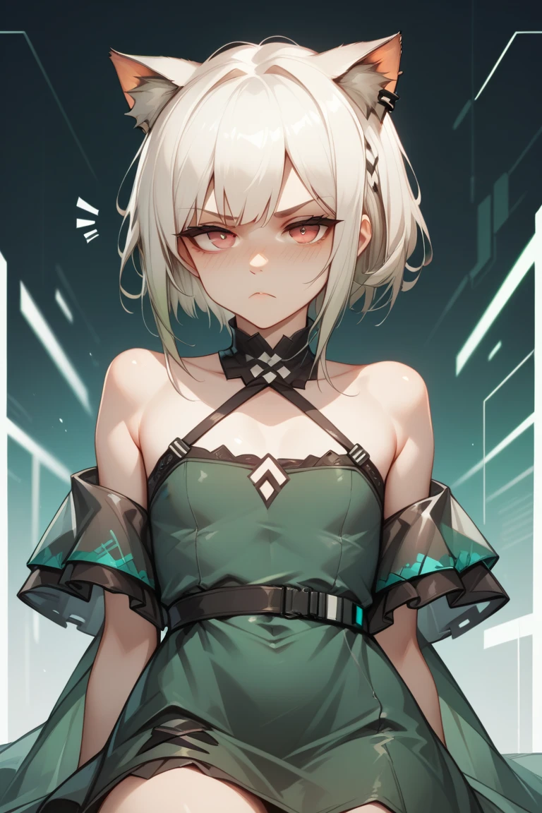 Kal'tsit, Arknights, Cute Girl, Small boobs, flat chest girl, Green themed dress, White hair, Short Hair, Cat Ears, serious face, mature, Tsundere, Futuristic Background, wallpaper