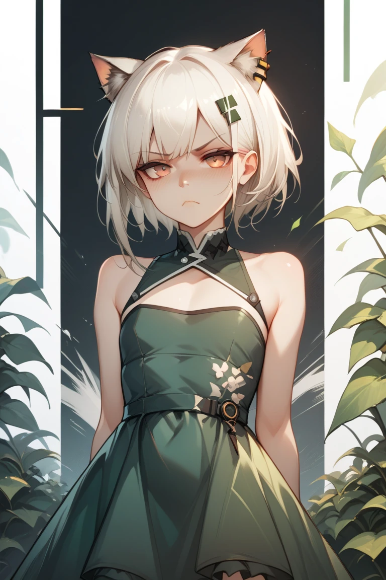 Kal'tsit, Arknights, Cute Girl, Small boobs, flat chest girl, Green themed dress, White hair, Short Hair, Cat Ears, serious face, mature, Tsundere, Futuristic Background, wallpaper