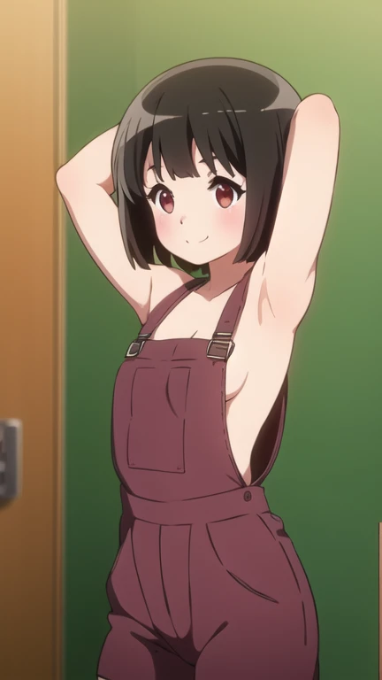 1 niña, Solo, dark brown hair, short hair, bob cut, sonrisa, naked_overall, armpits