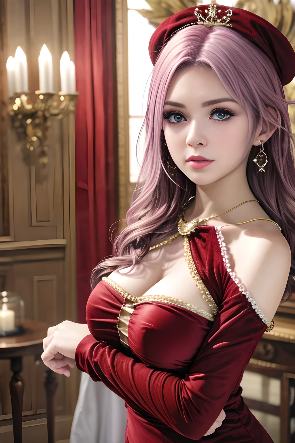 (1girl:1.5) , Dressed in luxurious red (velvet long-sleeved dress: 1.5), she has an elegant pose and gazes forward. She has flowing wavy hair and wears delicate earrings that complement her classical look. The background is a cozy vintage interior with white chest of drawers, golden candlesticks and wooden decorations, creating a warm and sophisticated atmosphere.,  ,huge breasts,(masterpiece:1.4),( best quality:1.4), cowboy shoot