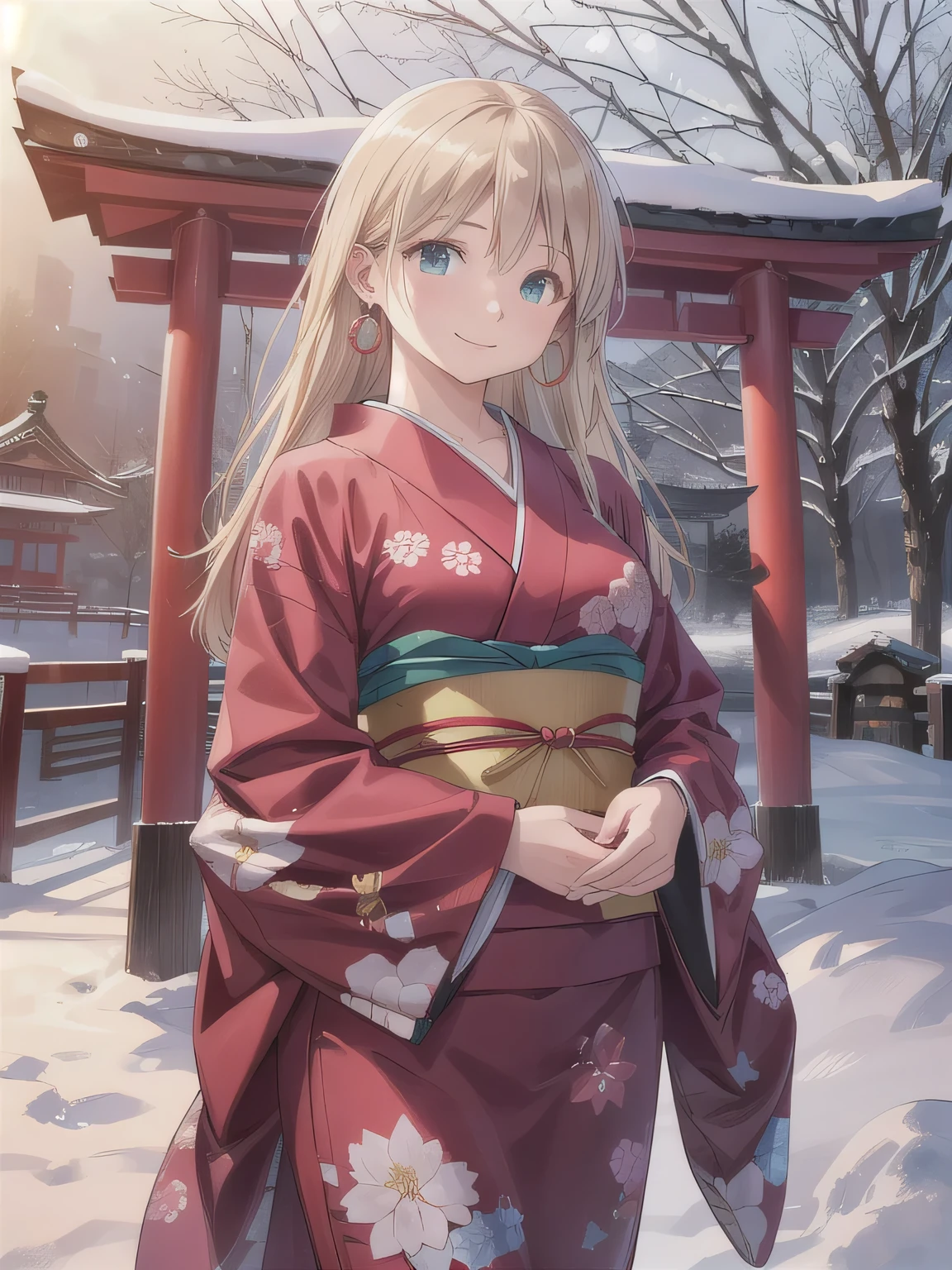 A breathtakingly beautiful 20-year-old woman with a slender physique, dressed in an elegant black and red kimono suitable for the Japanese New Year. She stands against the serene backdrop of a New Year's sunrise, featuring a traditional Japanese shrine, snow-covered grounds, and vibrant red camellias in bloom. Her gentle smile and friendly expression harmonize with the peaceful atmosphere of the snowy morning. (RAW photo, top quality, realistic, photo-realistic:1.4), (masterpiece, extremely detailed, 2k wallpaper), (Ultra Details, high res, soft light, cinematic lighting), (perfect anatomy, slender body), (extremely detailed eyes and face, beautiful nose, beautiful eyes). 　　 bewitching smile, Blonde, green eyes, long hair, earrings, jewelry, revealing clothes。 ショートヘア。