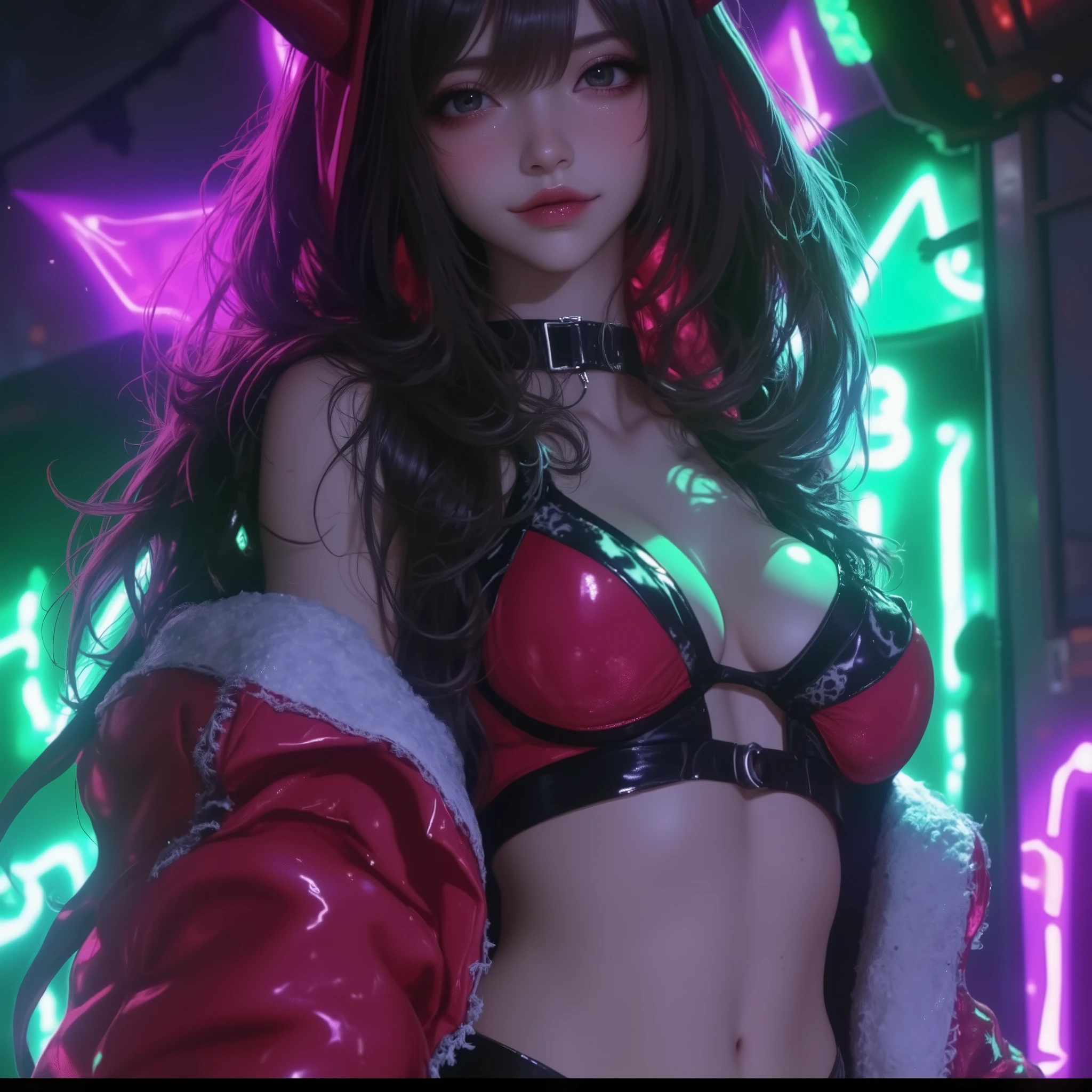(top-quality)Devil Anime Girl,A dark-haired,drooing eyes,The bikini,Open jacket,Colossal tits,long,half up,neon green and purple color background, smirking face,
