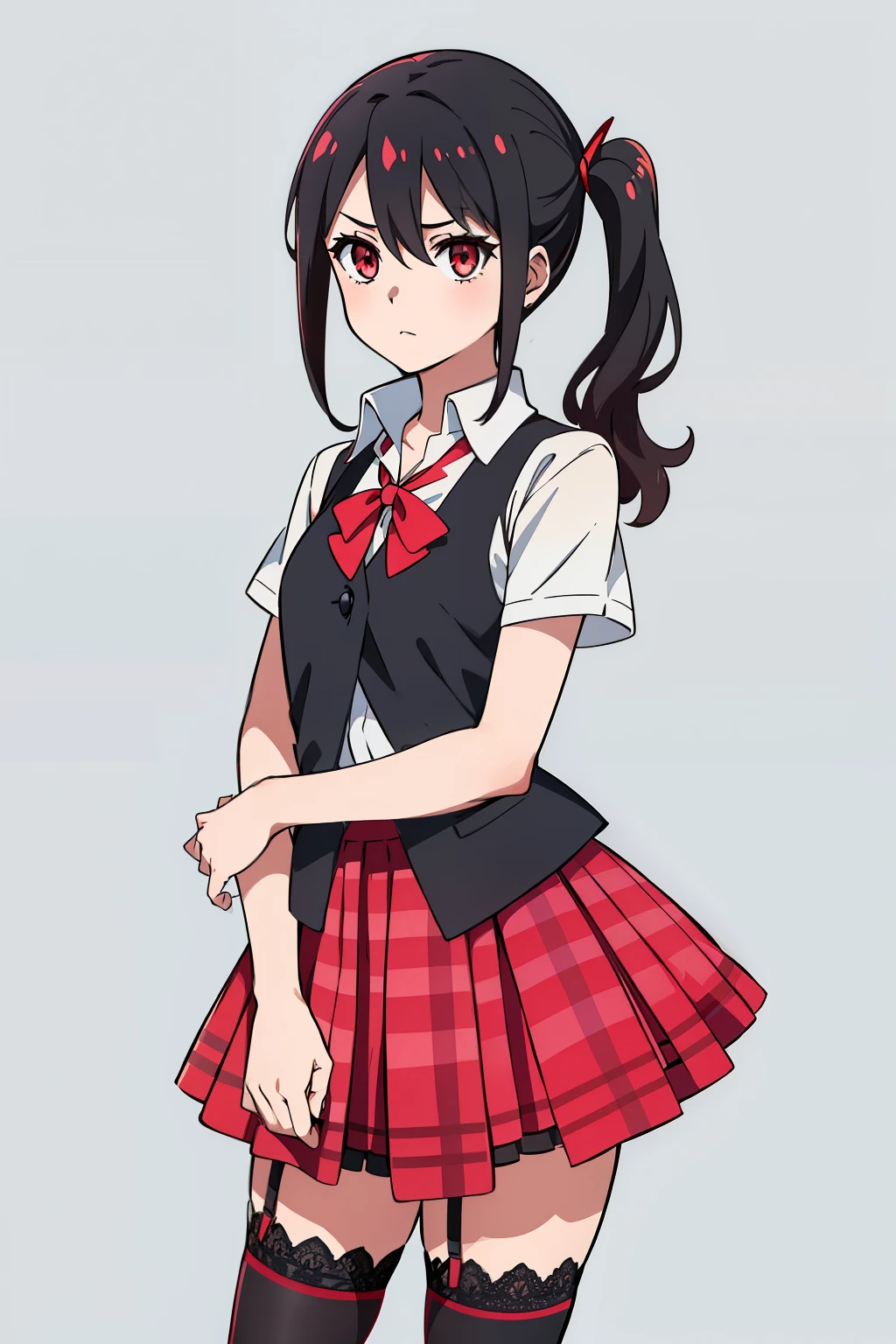 (high-quality, breathtaking),(expressive eyes, perfect face) 1girl, female, solo, teenager, black color hair, red highlight in hair, red eye color, short hair length, fluffy spiky hair, Symmetrical Eyes, portrait, positive expression, grey background, hairstyle Ryuko Matoi, narrow eyes, serah farron, side ponytail, sleeveless white shirt, red plaid skirt, thighhighs, Her outfit consists of a red plaid-pleated skirt lined with black lace, a white sleeveless dress shirt, a semi-transparent pink sweeper vest, black thigh-high stockings