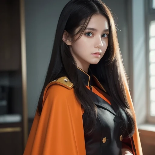  white **-****-*** girl with long black hair is wearing a military uniform,  Orange Cape , Big hazel eyes,  Science Fiction , Dark mood, charturnerv2