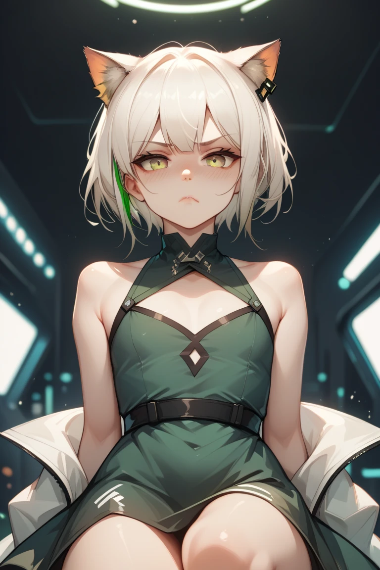 Kal'tsit, Arknights, Cute Girl, Small boobs, flat chest girl, Green themed dress, White hair, Short Hair, Cat Ears, serious face, mature, Tsundere, Futuristic Background, wallpaper