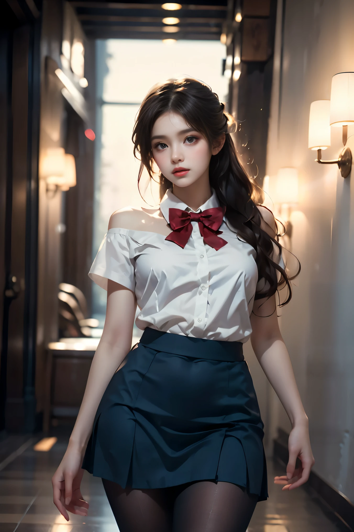 school uniform, short sleeves, white shirt, blue skirt, red bowtie, pantyhose (cowboy shot:1.3), (from below:1.2),photorealistic beautiful woman, fashion model with long legs, (standing in hallway:1.2), portico corridor,  single bare shoulder,     (elegant contrapposto pose:1.2), graceful stance, slim athletic figure, (high detailed skin:1.2), (Full breasts, visible cleavage, very short hemlines, revealing smooth thighs), soft ambient lighting, cinematic lighting, depth of field, 85mm portrait photography, natural shadows, professional fashion photography, high-end magazine style,  high resolution, masterpiece, best quality,  intricate details, hyperrealistic