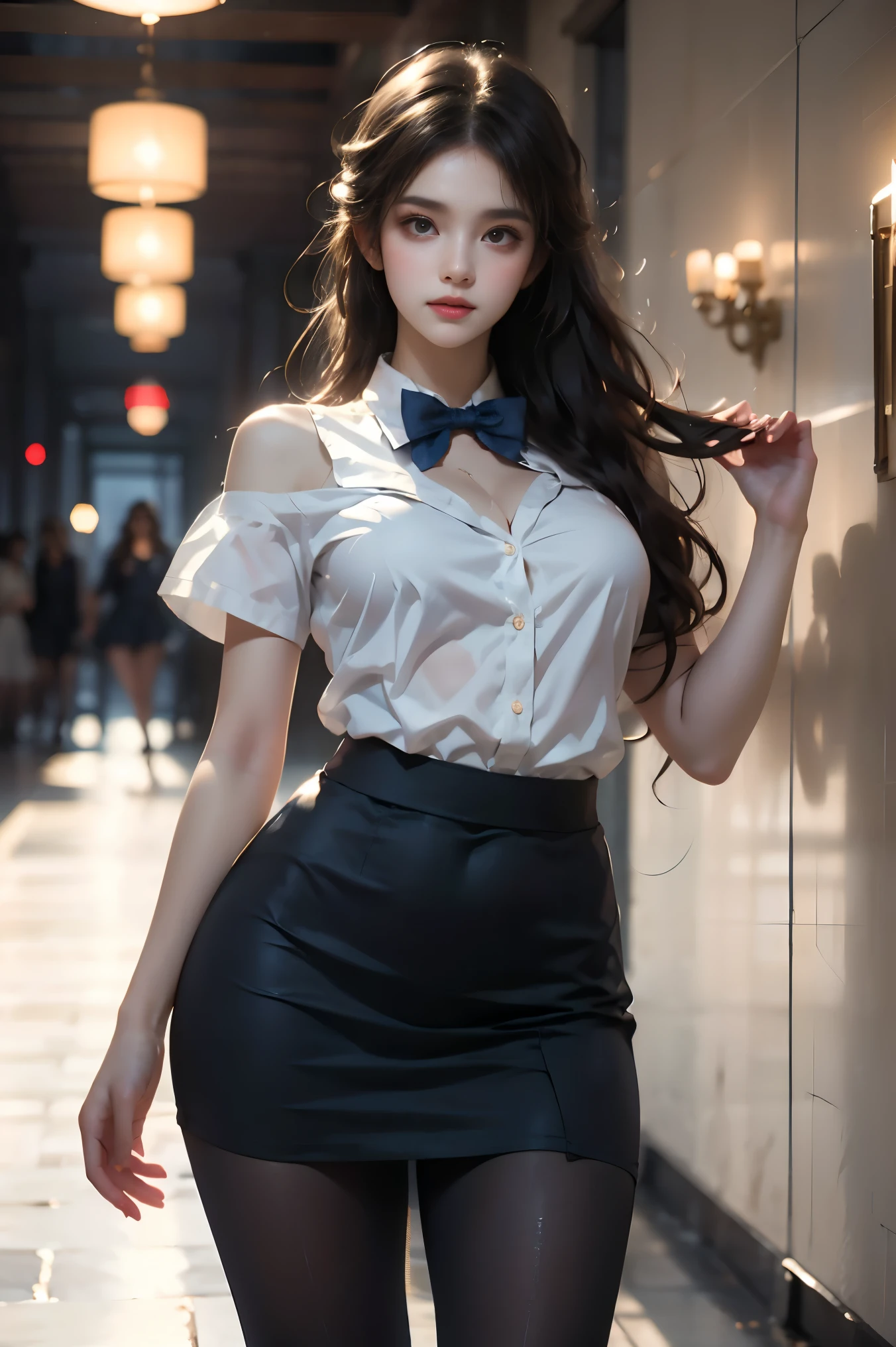 school uniform, short sleeves, white shirt, blue skirt, red bowtie, pantyhose (cowboy shot:1.3), (from below:1.2),photorealistic beautiful woman, fashion model with long legs, (standing in hallway:1.2), portico corridor,  single bare shoulder,     (elegant contrapposto pose:1.2), graceful stance, slim athletic figure, (high detailed skin:1.2), (Full breasts, visible cleavage, very short hemlines, revealing smooth thighs), soft ambient lighting, cinematic lighting, depth of field, 85mm portrait photography, natural shadows, professional fashion photography, high-end magazine style,  high resolution, masterpiece, best quality,  intricate details, hyperrealistic