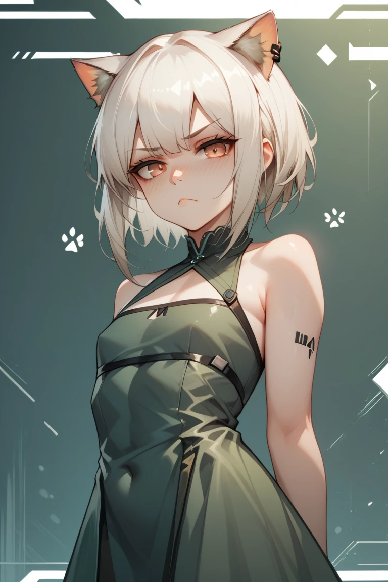 Kal'tsit, Arknights, Cute Girl, Small boobs, flat chest girl, Green themed dress, White hair, Short Hair, Cat Ears, serious face, mature, Tsundere, Futuristic Background, wallpaper