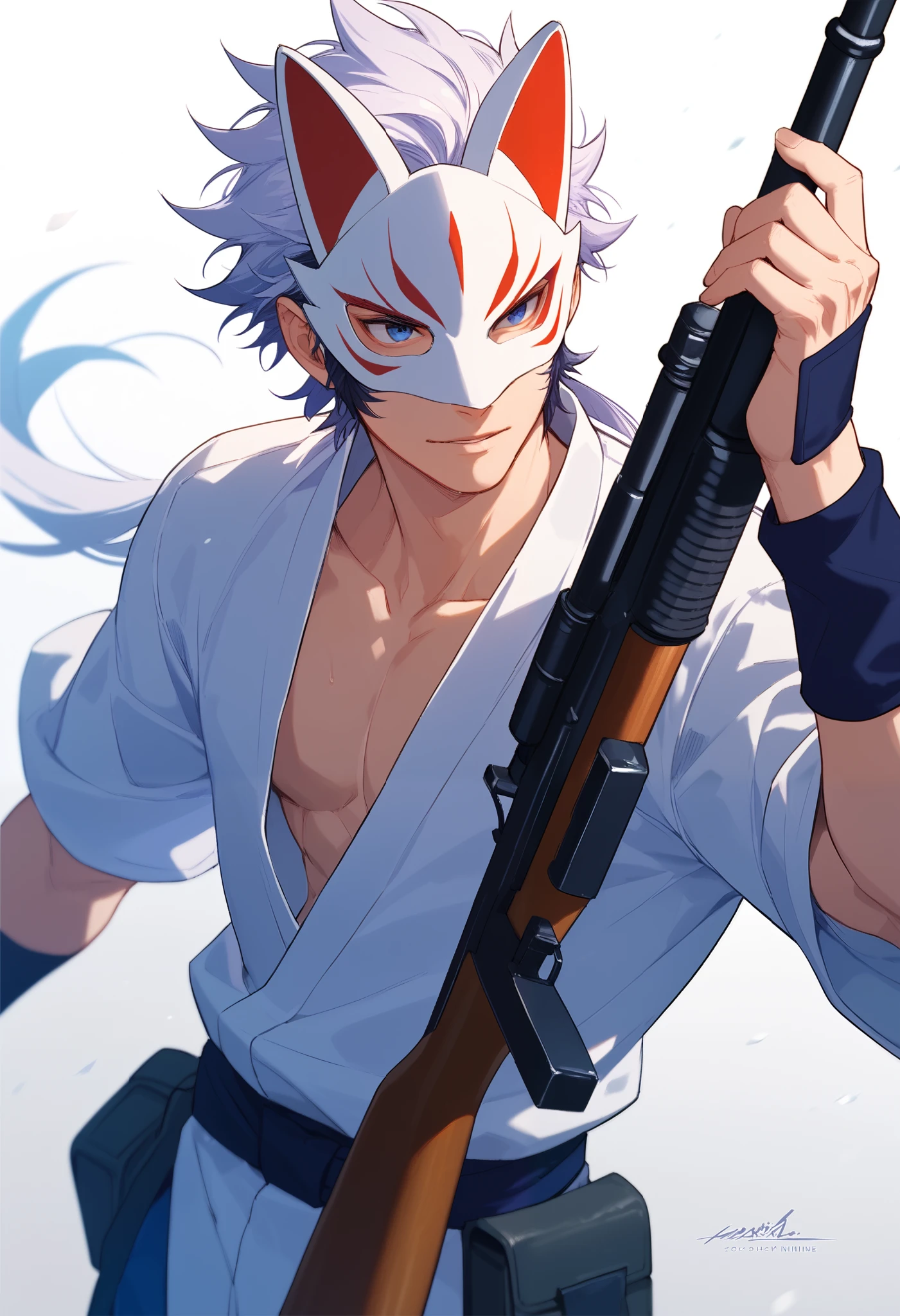 Make a man in a white shirt with a hunting rifle and a purple and white fox mask in a cyberpunk ninja theme