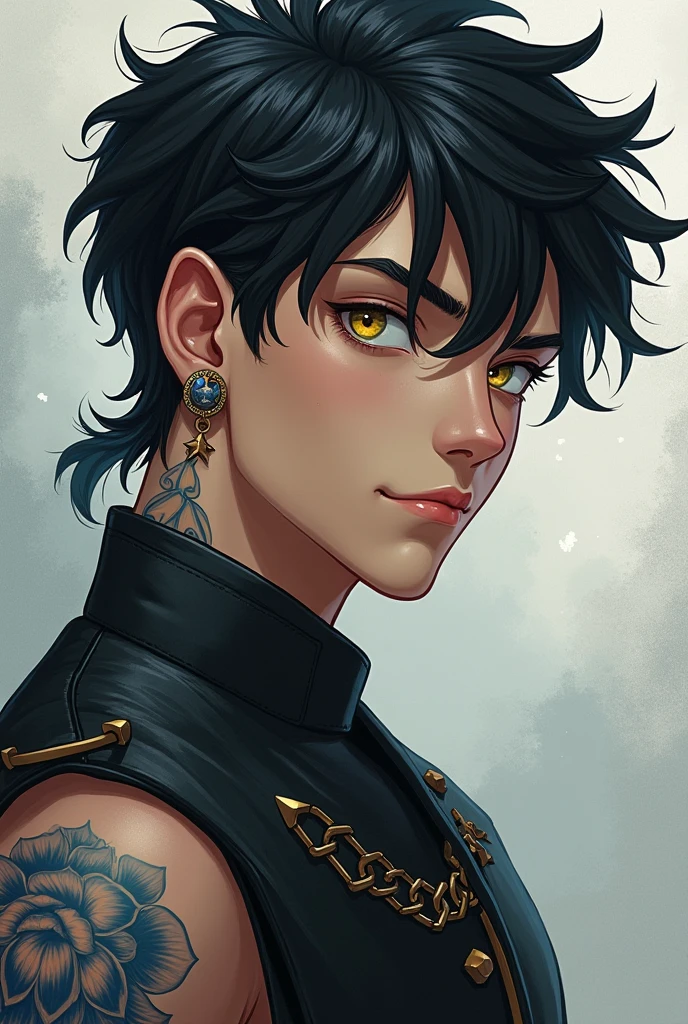 21 year old boy, muscled body.
black hair, smooth and slightly long.
green eyes, torn and black medium lashes.
White skin and slightly teasing in her features.
A tattoo of lines forming a kind of mandala on his right arm.
Dress elegantly and naturally, mostly with somewhat tight clothing.