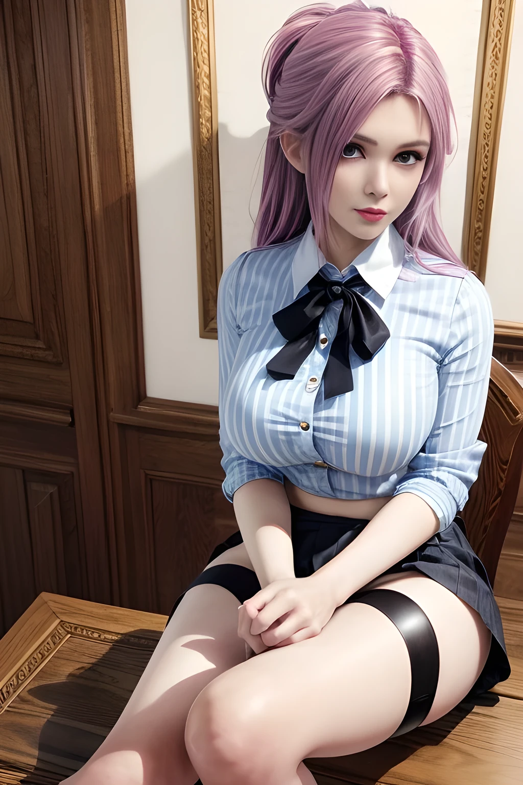 (A white short-sleeved dress with a round collar and buttons in the front: 1.2)、(White micro mini skirt: 1.2)、night、(Black ribbon at collar)、(Navy blue leather belt around the waist)、((Long straight purple hair that reaches down to the waist))、(Big red eyes)、(Closed front button)、、restaurant、Small Nose、Big Mouth、round face、Big Tits、anime、highest quality、High resolution、Thin and transparent nipples、1 person、Wooden chair、sit、(A small button is undone, revealing her deep cleavage.)、Moist eyes