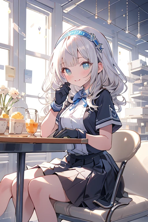 top-quality、realistic touch,high-detail、photoRealstic、Long body、captive beauty、big eye、Colossal tits、Strong platinum blonde eyelashes、platinum-blond、full body Esbian、Sparkling eyes、Submissive smile、Flushed cheeks、Kamimei、thin-waist、Voluptuous thighs、Enraptured look、Raked bangs、The forehead is protruding、Tight sailor uniform、sleeveless、Tight and short skirt with a large slit、Inside a school classroom、She isn't not wearing panties、High-waisted skirt