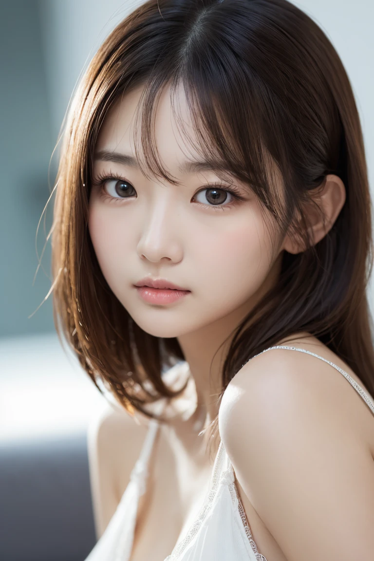 finely detail, hight resolution, hightquality、Perfect dynamic composition, Beautiful detailed eyes, Medium Hair, small tits、Natural Color Lip,Kamimei、Shibuya、20 years girl、1 persons、Transparent skin、Glowing hair、masutepiece, Best Quality, Illustration, Ultra-detailed, finely detail, hight resolution, 8K、The correct state of the human body、Crouch down、pretty pose,dishevled hair,beauty legs,Perfect beautiful face,KPOP Idol Face,Blur background