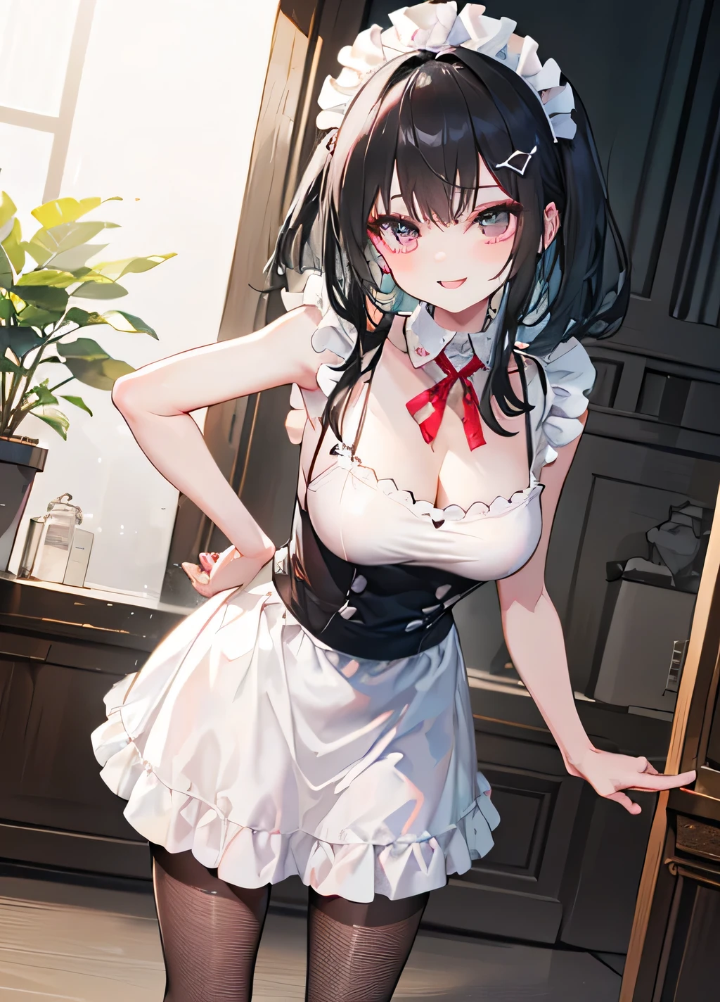 (( top quality)), (( Masterpiece )), ( Details), Slender Woman、21 years old、Landmine Girl、 (( black hair、 long hair、 big ribbon、
headband、
Valletta、
braided ribbon 、
pearl pins 、
Bijou Items 、
Cameo Motifs 、 white skin、 my style makeup 、 white skinのメイク : base makeup that makes skin look white 。
• red and pink cheek clips : black and lace choker teeth 。
• highlight teardrop bags : I often see teardrop bags with eye makeup 。
• Highlight eyeliner : teeth、 give a slightly aggressive impression with eyeliner that draws the outer corner of the eye for a long time 、 mine style fashion 、 Slender Woman 、 Dark Eyes、 Sleeveless 、 white maid clothes 、 White Mini Skirt 、 black fishnet tights、 Black Apron Dress、 black fishnet stockings 、 lean forward 、 cute pose 、 stand with legs open、 Touch your face with both hands 、 puts her hands on her cheeks 、smile、 Girly Atmosphere )))、 Large hair ornament、 transparent bodystocking
see-through, bodystocking 、
Loose Fit T Shirts 、 accentuate it with a shirt tag
sweaters
Asian beauty
beauty
Big Breath 、
down blouses
loose t-shirt
Lean forward