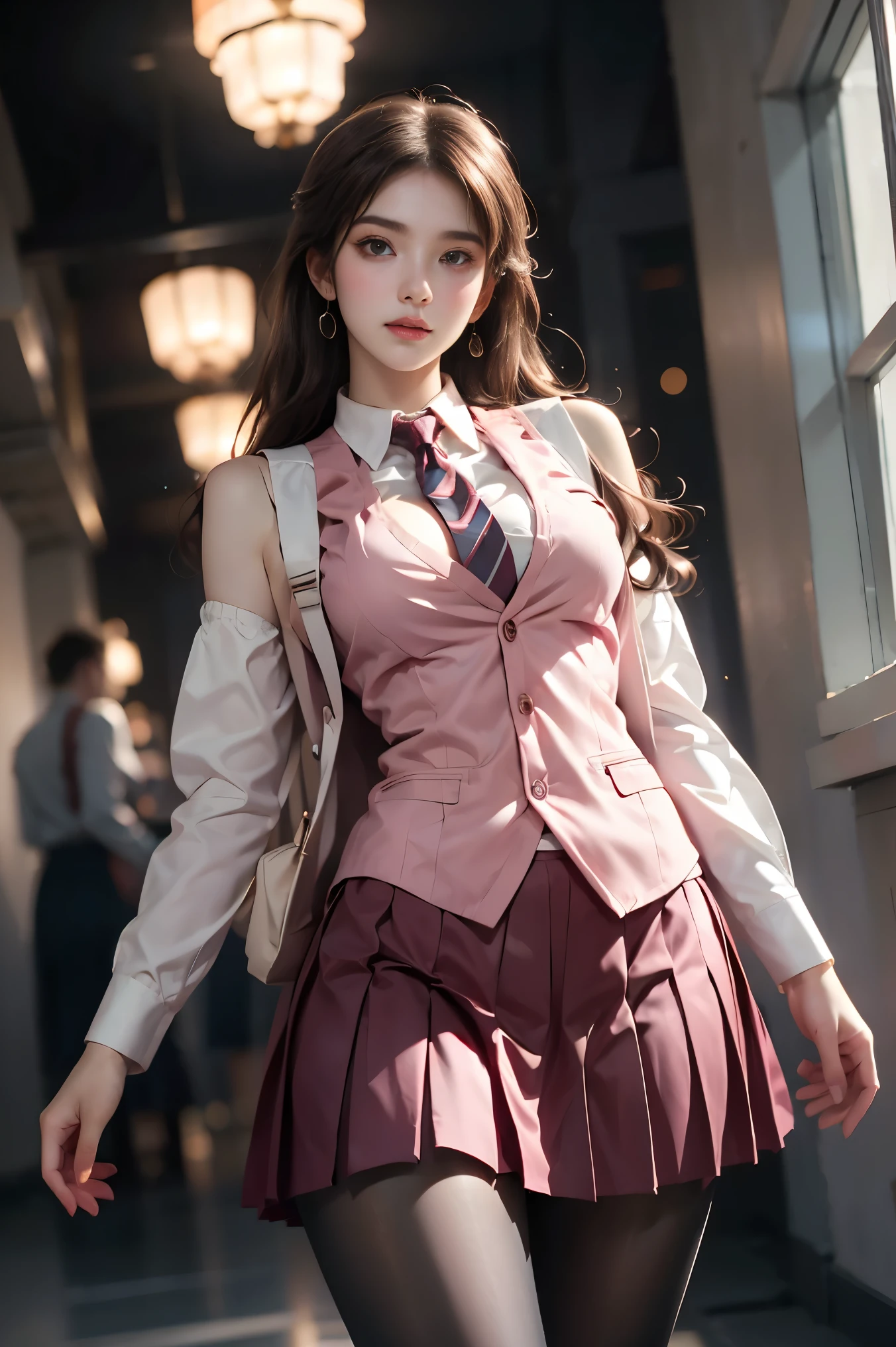 school uniform, necktie, backpack, pink vest, sweater vest, collared shirt, long sleeves, pleated skirt, pantyhose (cowboy shot:1.3), (from below:1.2),photorealistic beautiful woman, fashion model with long legs, (standing in hallway:1.2), portico corridor,  single bare shoulder,     (elegant contrapposto pose:1.2), graceful stance, slim athletic figure, (high detailed skin:1.2), (Full breasts, visible cleavage, very short hemlines, revealing smooth thighs), soft ambient lighting, cinematic lighting, depth of field, 85mm portrait photography, natural shadows, professional fashion photography, high-end magazine style,  high resolution, masterpiece, best quality,  intricate details, hyperrealistic