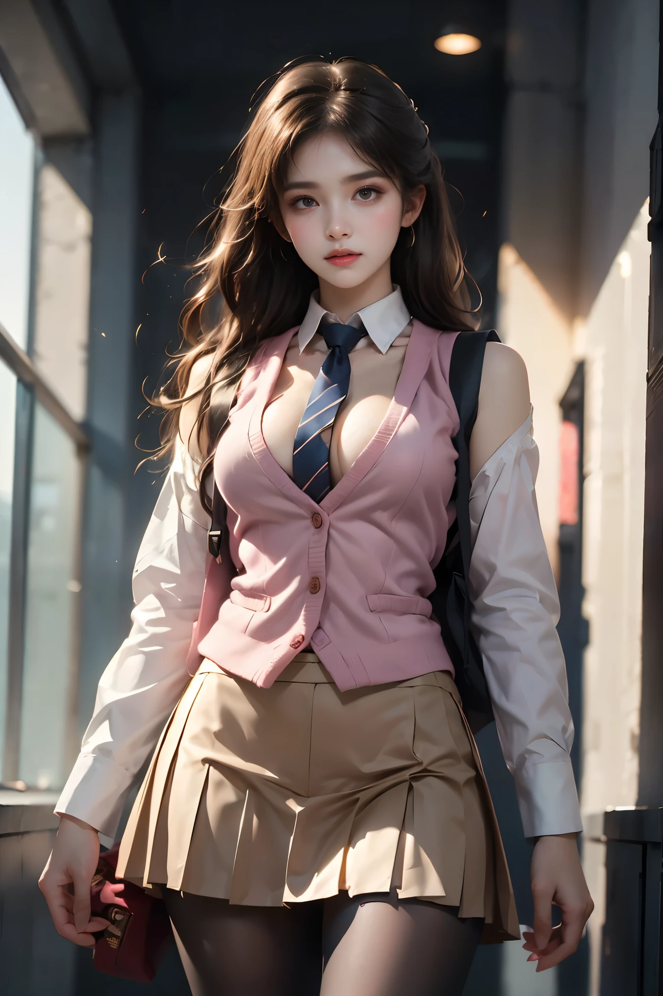 school uniform, necktie, backpack, pink vest, sweater vest, collared shirt, long sleeves, pleated skirt, pantyhose (cowboy shot:1.3), (from below:1.2),photorealistic beautiful woman, fashion model with long legs, (standing in hallway:1.2), portico corridor,  single bare shoulder,     (elegant contrapposto pose:1.2), graceful stance, slim athletic figure, (high detailed skin:1.2), (Full breasts, visible cleavage, very short hemlines, revealing smooth thighs), soft ambient lighting, cinematic lighting, depth of field, 85mm portrait photography, natural shadows, professional fashion photography, high-end magazine style,  high resolution, masterpiece, best quality,  intricate details, hyperrealistic