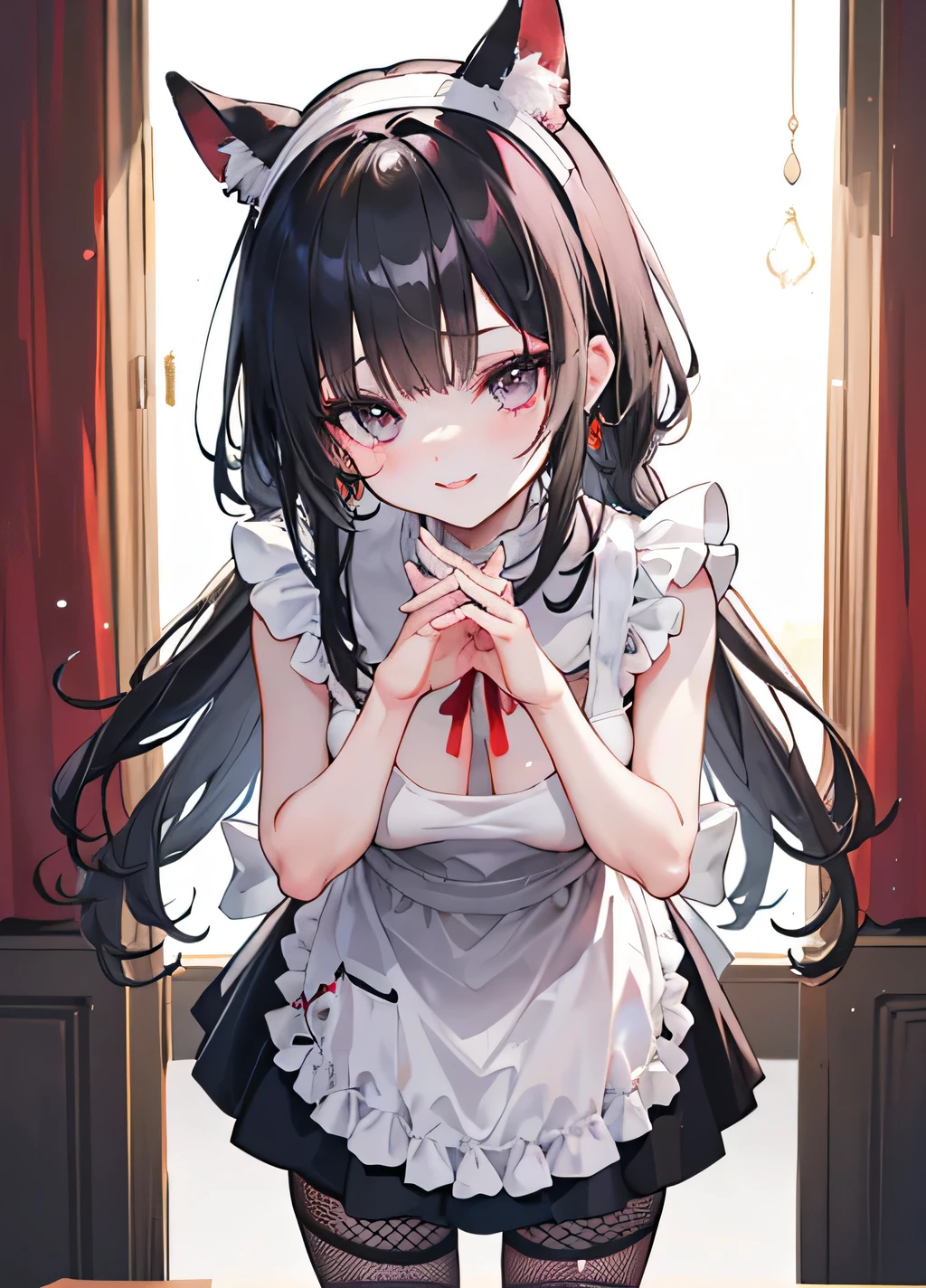 ((   top quality)), ((   Masterpiece   )), (    Details),                    Slender Woman、21 years old、Landmine Girl、 ((  black hair、  long hair、 big ribbon、
  headband、
Valletta、
  braided ribbon 、
  pearl pins  、
  Bijou Items  、
Cameo Motifs  、  white skin、  my style makeup  、	 white skinのメイク ：   base makeup that makes skin look white   。
	   • red and pink cheek clips   ：   black and lace choker teeth   。
	   • highlight teardrop bags   ：  I often see teardrop bags with eye makeup   。
	  • Highlight eyeliner   ：  teeth、 give a slightly aggressive impression with eyeliner that draws the outer corner of the eye for a long time 、   mine style fashion  、  Slender Woman 、             Dark Eyes、                   Sleeveless                  、                               white maid clothes 、   White Mini Skirt        、                               black fishnet tights、  Black Apron Dress、      black fishnet stockings 、     lean forward 、  cute pose 、 stand with legs open、  Touch your face with both hands 、  puts her hands on her cheeks 、smile、  Girly Atmosphere  )))、  Large hair ornament、  transparent              bodystocking        
see-through,             bodystocking             、   
          Loose Fit T Shirts               、        accentuate it with a shirt tag
sweaters
Asian beauty
beauty
Big Breath  、
  down blouses
loose t-shirt
 Lean forward 