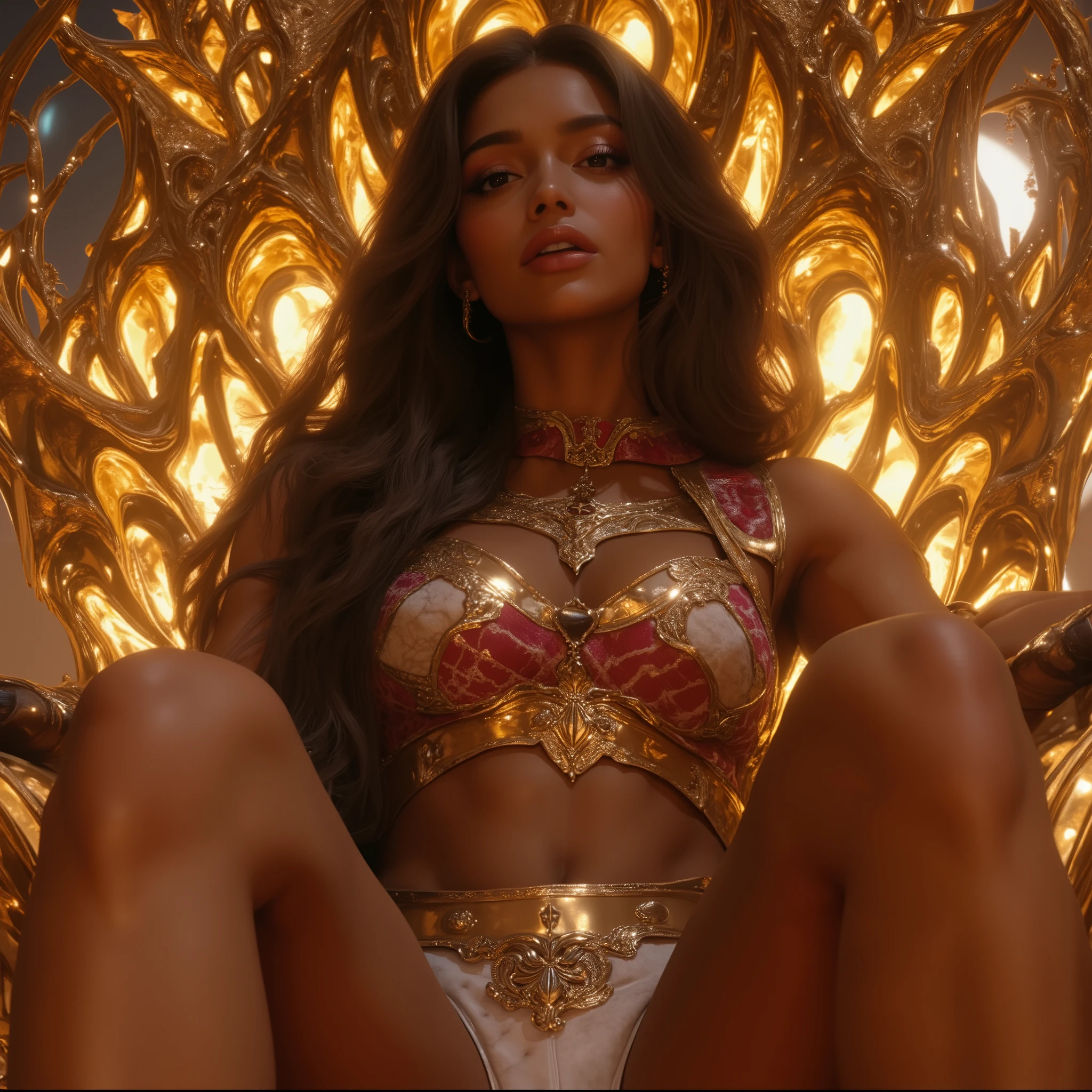 (Hyper Realistic, best quality),16k,(realistic, photo-realistic:1.5), Masterpiece,ultra high res, Stunning, ((35 years old Milf Brazilian Native Wild Tribal Woman Queen:1.4), (Dark-Skin:1.4), (Athletic_Muscle_Body_ABS_Thighs:1.4), (fleshy luscious lips:1.4), (Sitting on Futuristic Intricate Golden Throne in the Space Galaxy:1.4), (Camera View from below:1.5)), (Gorgeous Very Long Hair:1.4), (Nature Wild Native Tribal Clothes:1.4), (high detailed skin:1.4), (Cleft_Chin:1.4), (Perfect Face:1.3), (beautiful detailed eyes:1.3), naughty face, looking at viewer, Sexy, full-body,natural lighting, (Film grain, 8k uhd, dslr, Lens), hollywood lips, wide jaw line, wide lips, narrow beautiful nose, (maximalist photo 16k resolution, intricately detailed, complex, elegant, expansive, fantastica), Cinematic, Hyper-detailed, insane details, Beautifully color graded, Unreal Engine, DOF, Super-Resolution, Megapixel, Cinematic Lightning, Anti-Aliasing, FKAA, TXAA, RTX, SSAO, Post Processing, Post Production, Tone Mapping, CGI, VFX, SFX, Insanely detailed and intricate, Hyper maximalist, Hyper realistic, Volumetric, ultra photoreal, ultra-detailed, intricate details, Super detailed, Full color, Volumetric lightning, HDR, Realistic, Unreal Engine, 16K, Sharp focus, octane render