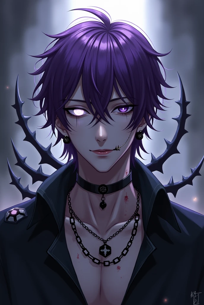 dark aura, hell, male, purple eyes, bats, blood, red hair, chain, experienced, tatoo, long parted bang, disease, old a skull on hand, cool, bones